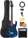 Ibanez GRX70QAL RG Gio Electric Guitar, Left Handed - Transparent Blue Burst Bundle with Amplifier, Gig Bag, Tuner, Cable, Picks, Austin Bazaar Instructional DVD, and Polishing Cloth