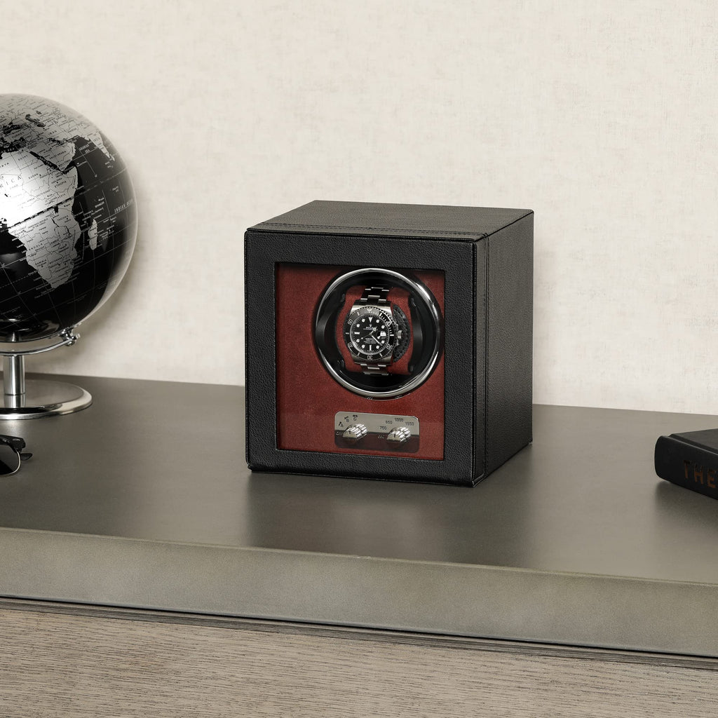 Gift Set 12 Slot Leather Watch Box with Valet Drawer & Matching Single Watch Winder - Luxury Case Display Organizer, Locking Mens Jewelry Watches Holder, Men's Storage Boxes Glass Top Black/Red