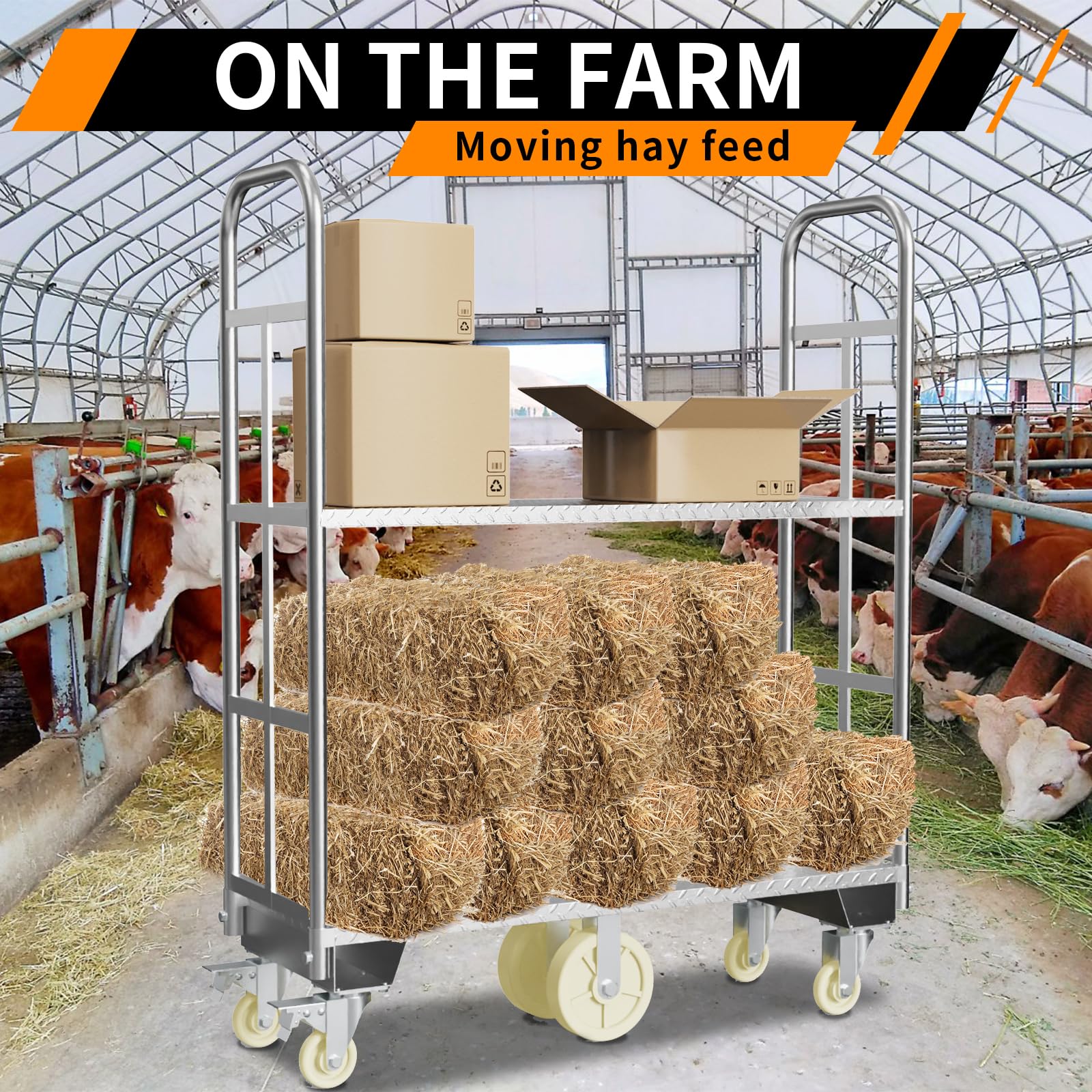 Two Tier U-Boat Platform Truck Cart, 16 x 48Inch Narrow Aisle Flatbed Truck w/6PCS Wheel Caster 2500LBS Weight Capacity Heavy Duty Platform Dolly with Removable Handles for Warehouse, Storage Room