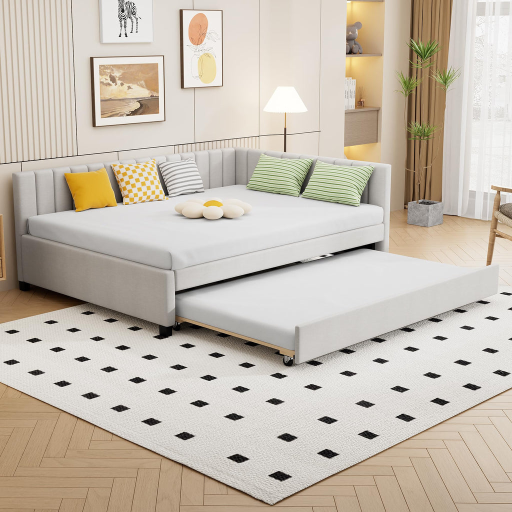 PVWIIK Full Size Upholstered DayBed with Trundle & Modern Style for Adult,Kids,Bedroom,L-Shaped Bedframe,Beige