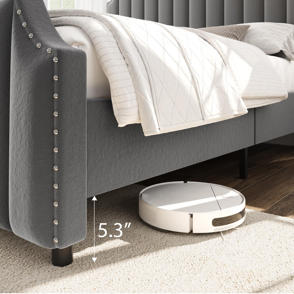 GarveeHome King Size Platform Bed Frame with 50.2 in Headboard, Velvet Upholstered Bed Frame with Vertical Channel Tufted Headboard & Footboard, Nailhead Trim, No Box Spring Needed, Grey