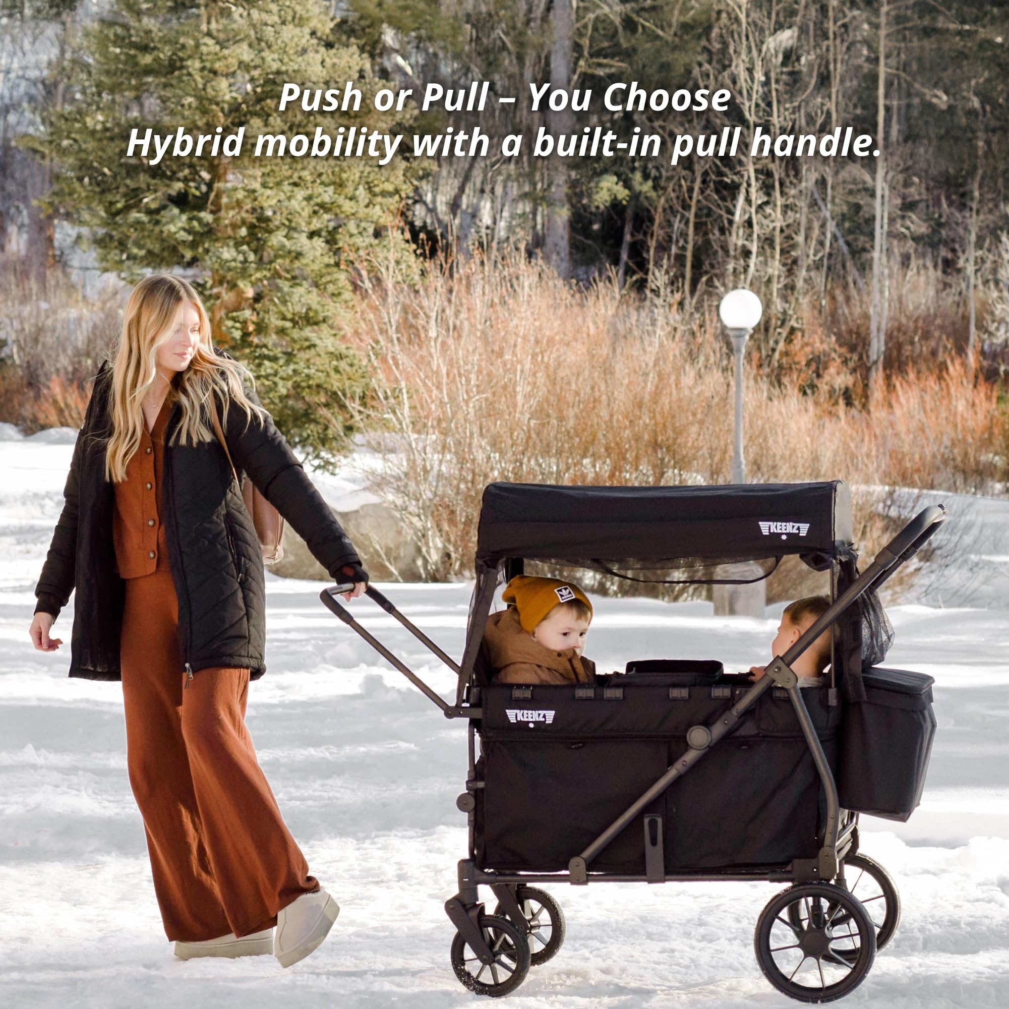 Keenz Viva 4-Passenger Compact Stroller Wagon for Kids with Foldable Frame, Push/Pull Handle, EVA Wheels, and Mosquito Net Canopy – Lightweight Wagon for Families, Black
