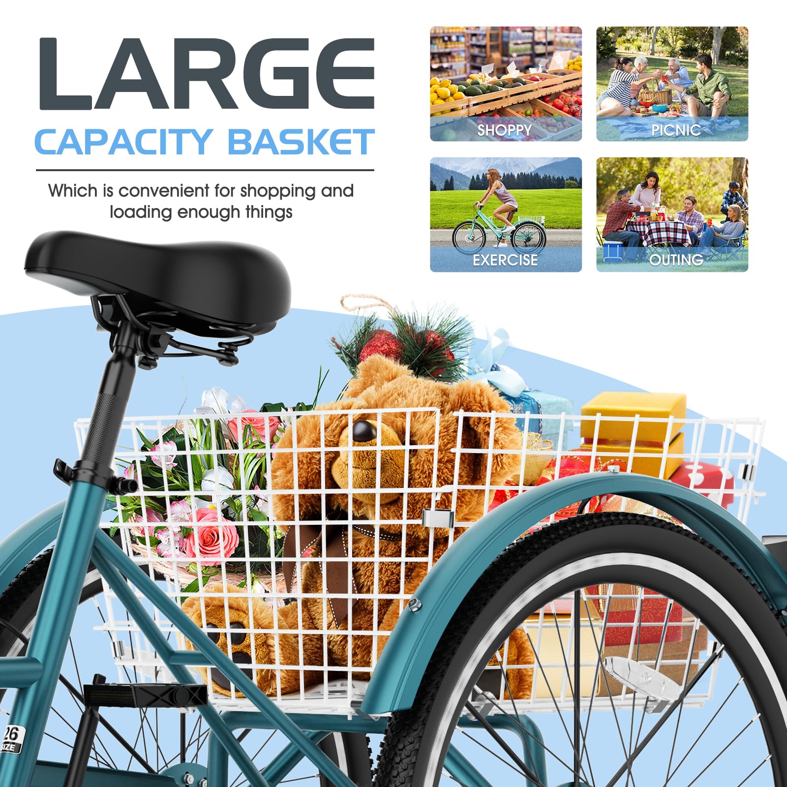 Slsy Adult Mountain Tricycle, 7 Speed Three Wheel Bike, 24/26 Inch Adults Trikes for Seniors with Shopping Basket, Exercise Men's Women's Tricycles