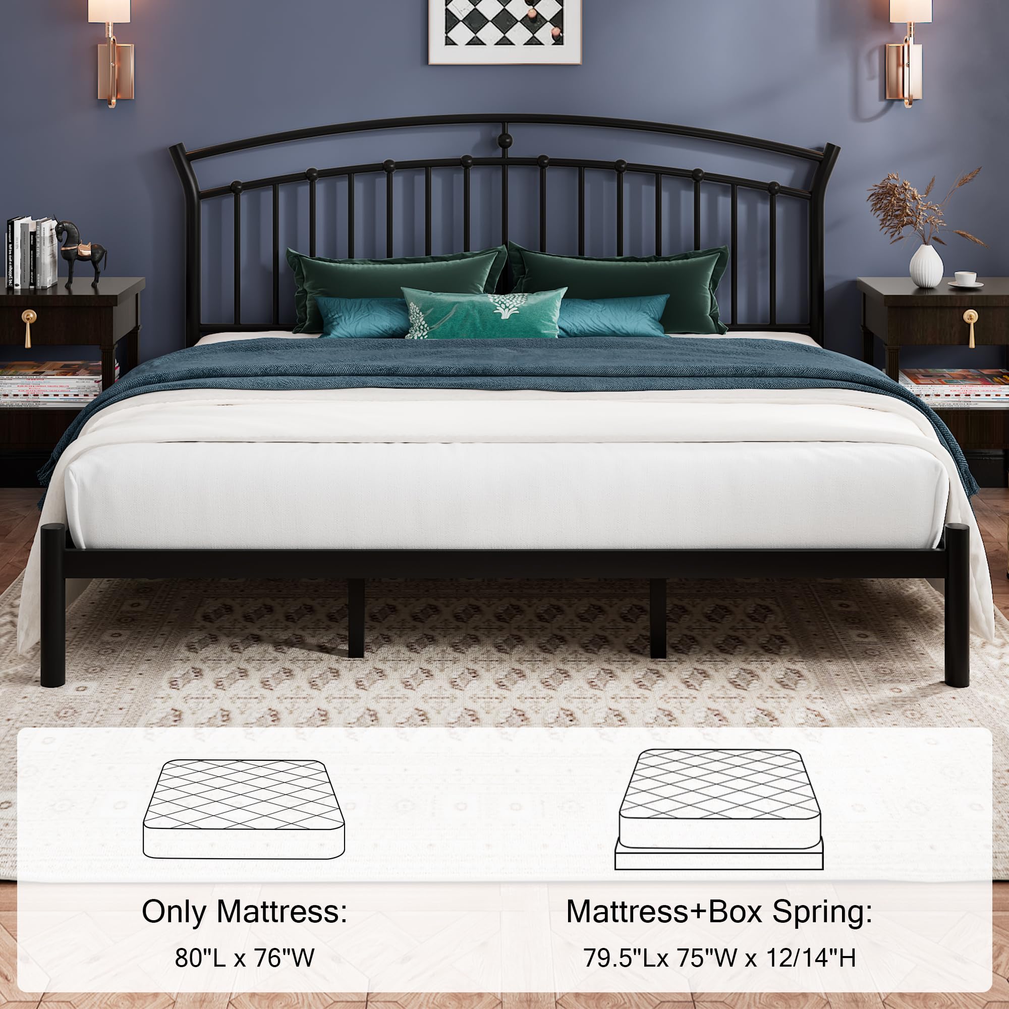 Einhomn King Size Bed Frame, Classic Black Metal Bed Frame with 12" Under-Bed Storage, Heavy Duty Steel Slat Support, Noise-Free, No Box Spring Needed, Easy Assembly