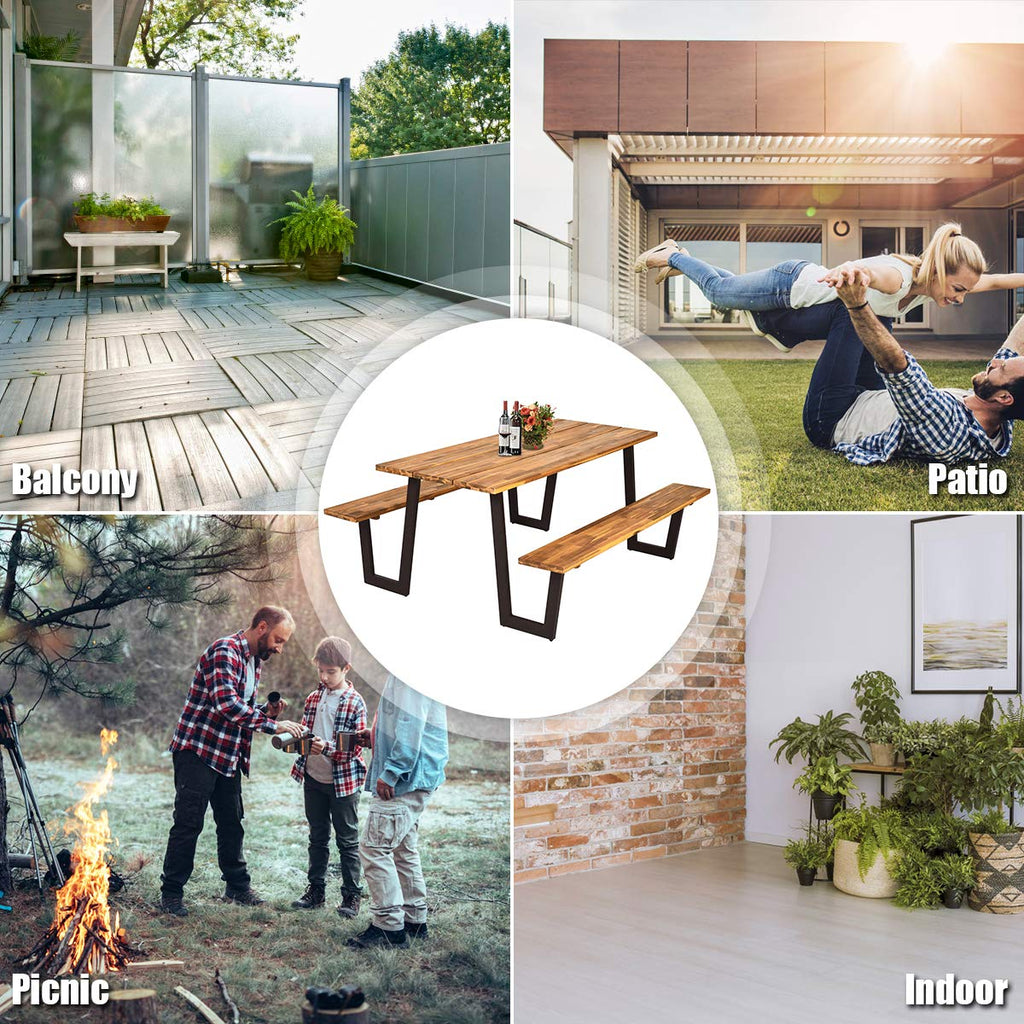 Giantex Picnic Table Bench Set with Umbrella Hole, Outdoor Dining Table Set, 70'' Acacia Wood Picnic Beer Table with Metal Frame Patented