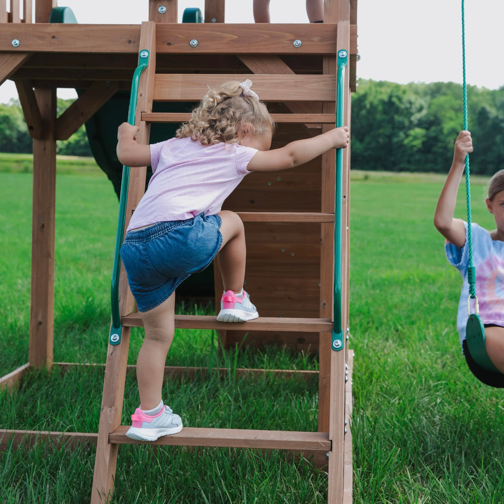 Backyard Discovery Lightning Ridge Cedar Wood Swing Set with Wave Slide, Play Deck, Rock Wall, Sandbox, Belt Swings, Toy Telescope, Steering Wheel, Step Ladder, Outdoor Playset