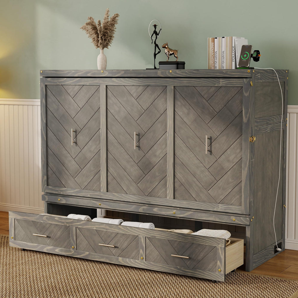 DNYN Queen Size Murphy Bed with Storage Drawer and Built-in Charging Station for Bedroom/Guest Room, Space-Saving Foldable Pine Wood Cabinet Bed with USB Ports, No Box Spring Needed