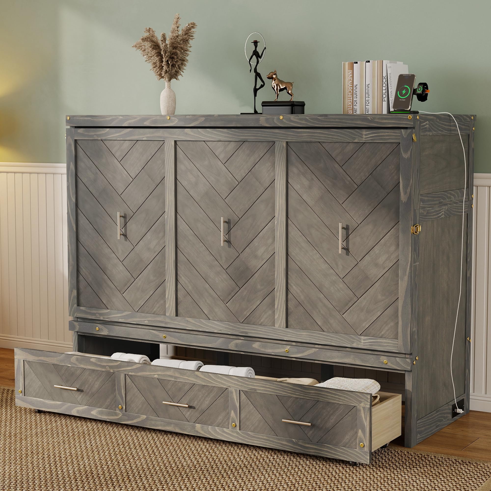 DNYN Queen Size Murphy Bed with Storage Drawer and Built-in Charging Station for Bedroom/Guest Room, Space-Saving Foldable Pine Wood Cabinet Bed with USB Ports, No Box Spring Needed