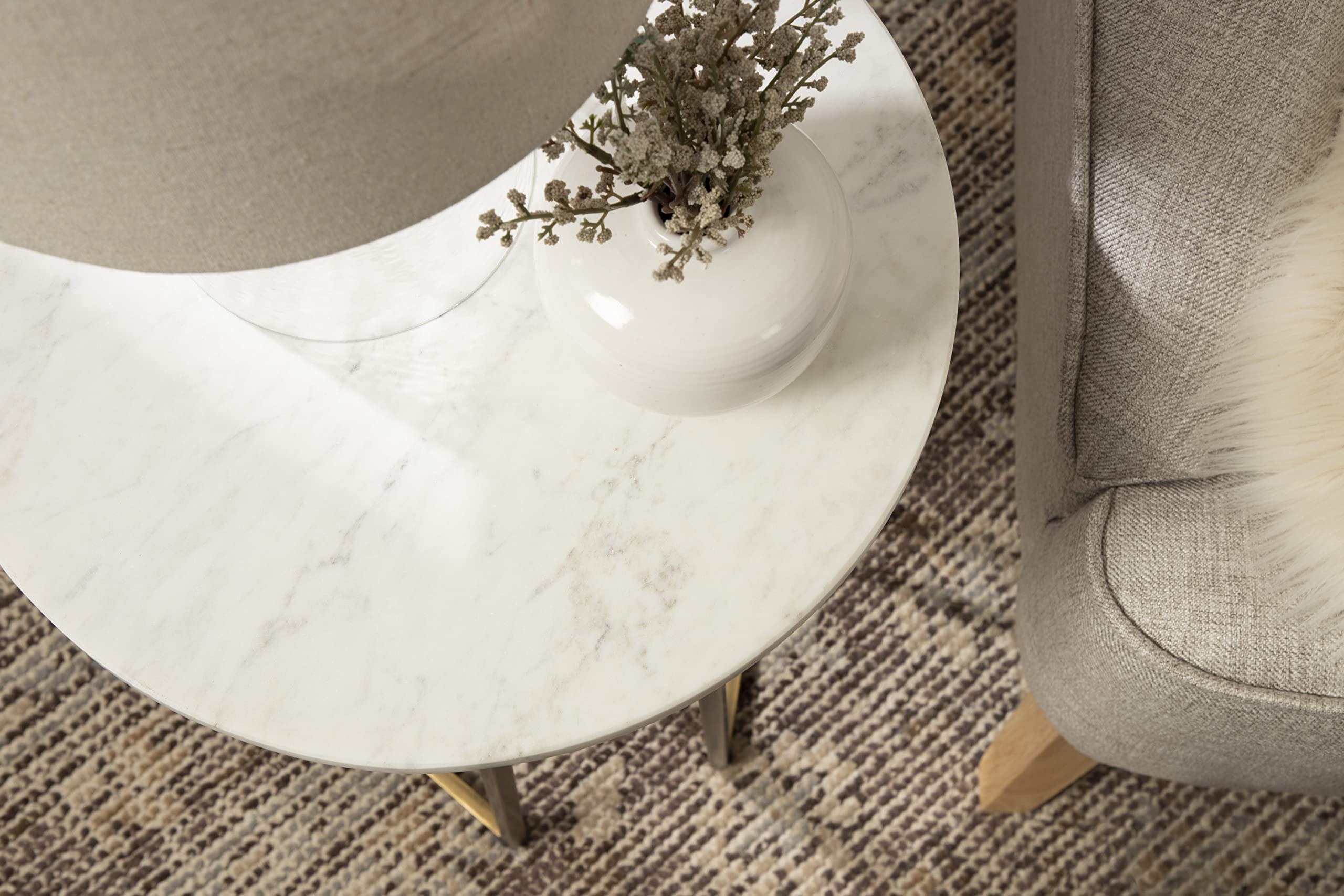 Kate and Laurel Solvay Round Metal and Marble Side Table; 16 x 16 x 24; White Marble and Antique Brass; Modern Glam Bedroom Nightstand Table with Premium Natural Marble Stone and Iron Base