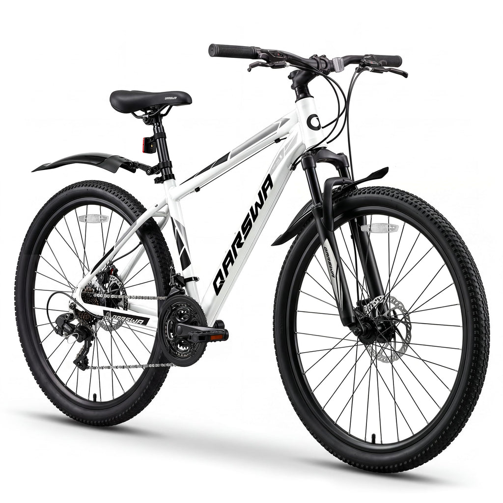 QARSWA 26 Inch Mountain Bike, Lightweight Aluminum Frame MTB with 21-Speed Trigger Shifter & Dual Disc Brakes, Comfort Foam Seat Adult Bicycle for Men and Women, Trail & Outdoor Riding, White