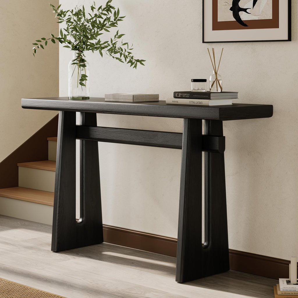 Christopher Knight Home Hirai Narrow Console Table with Geometric Silhouette, Entryway Table with Premium Wood Veneer Finish, MDF Wood Design Display Table for Home Decoration, Living Room, Black