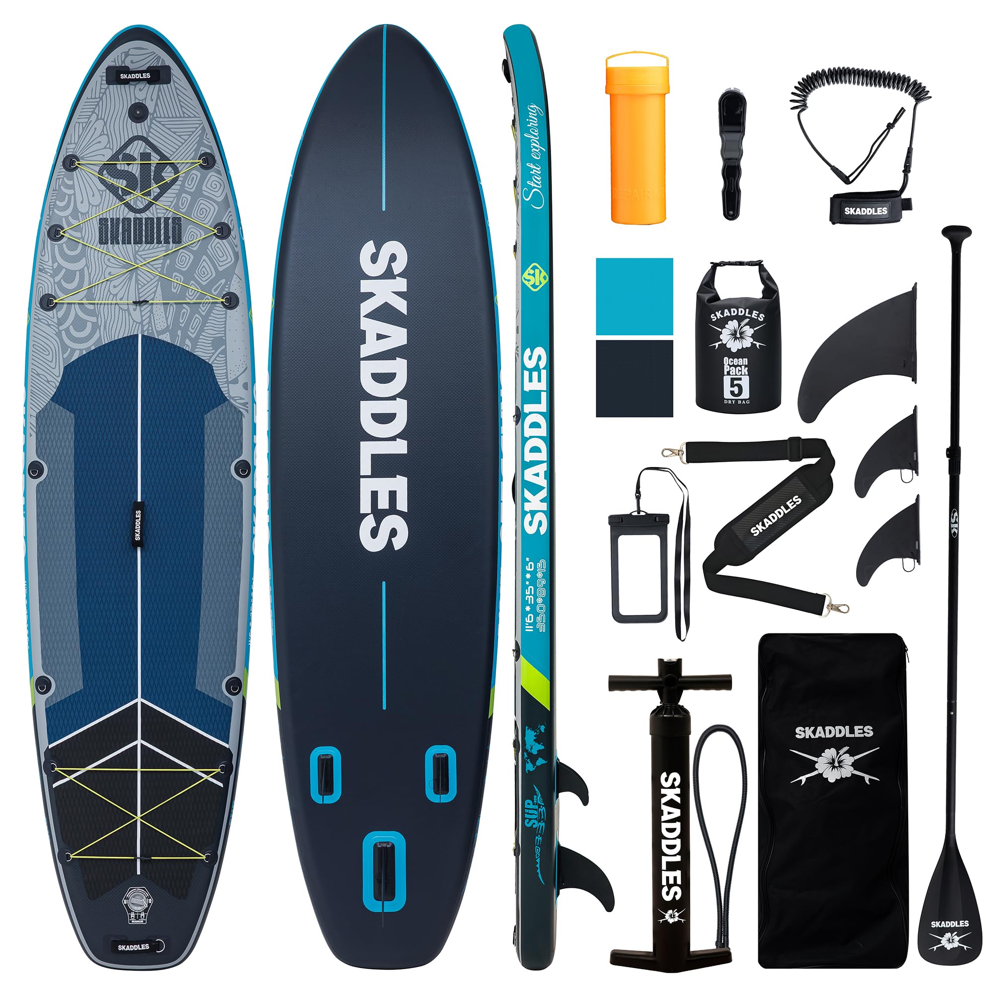 SKADDLES 11’6 × 35" Inflatable SUP–Super Wide, Stable Stand Up Paddle Board for Adults, Youth, Family & Pets, High Weight Capacity, Non-Slip EVA Deck, Premium Accessories (FLASHLINE · Ghost Shad)
