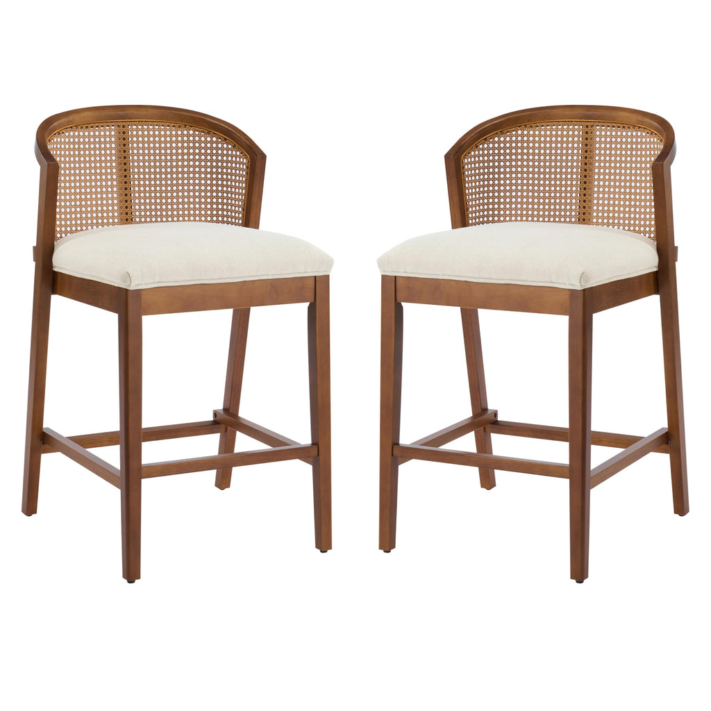 Christopher Knight Home JENA Rattan Counter Stools Set of 2, Counter Height Bar Stools for Bar Table, Rubberwood Frame with Upholstered Barstools, Wood Accent Chair with Footrest, Beige + Walnut