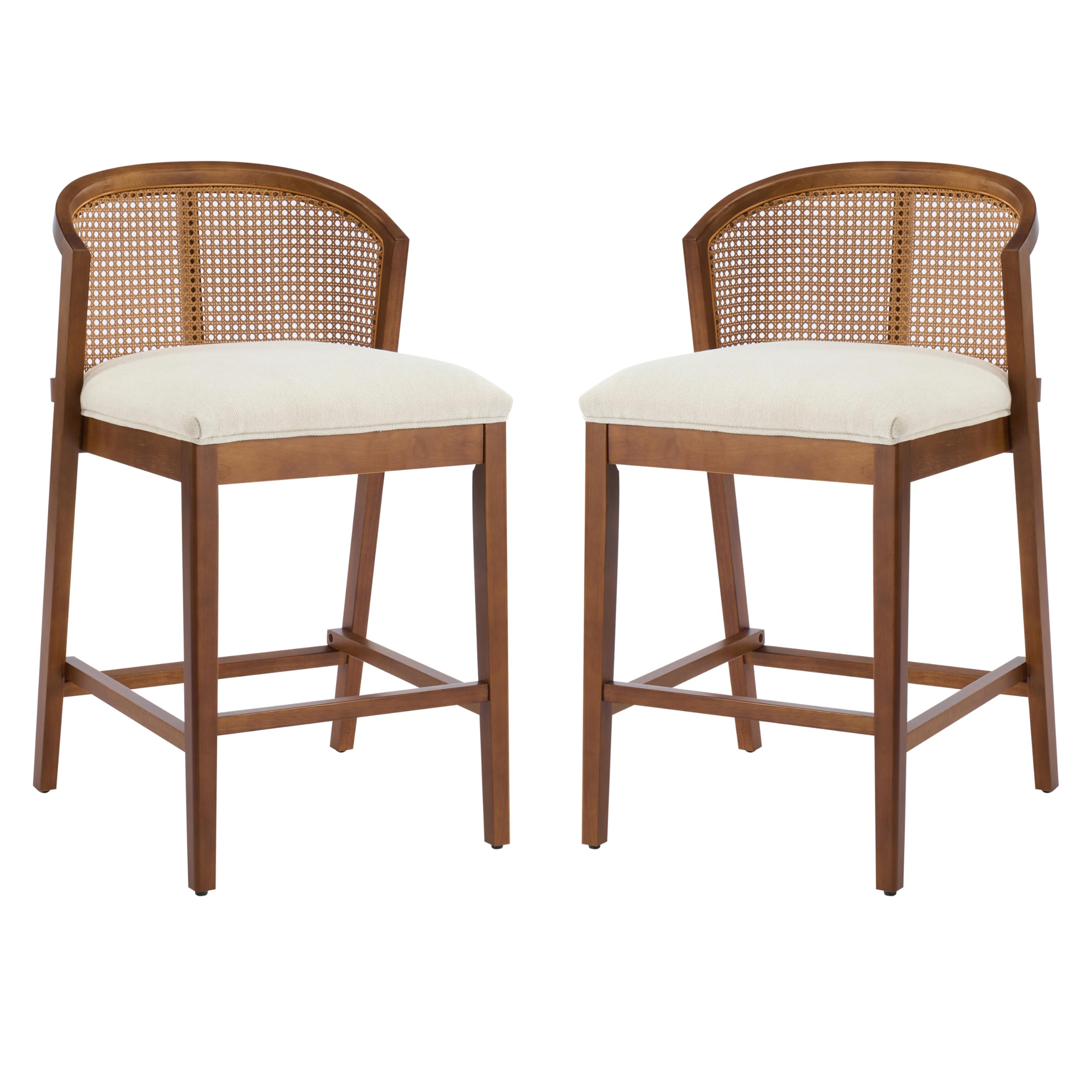 Christopher Knight Home JENA Rattan Counter Stools Set of 2, Counter Height Bar Stools for Bar Table, Rubberwood Frame with Upholstered Barstools, Wood Accent Chair with Footrest, Beige + Walnut