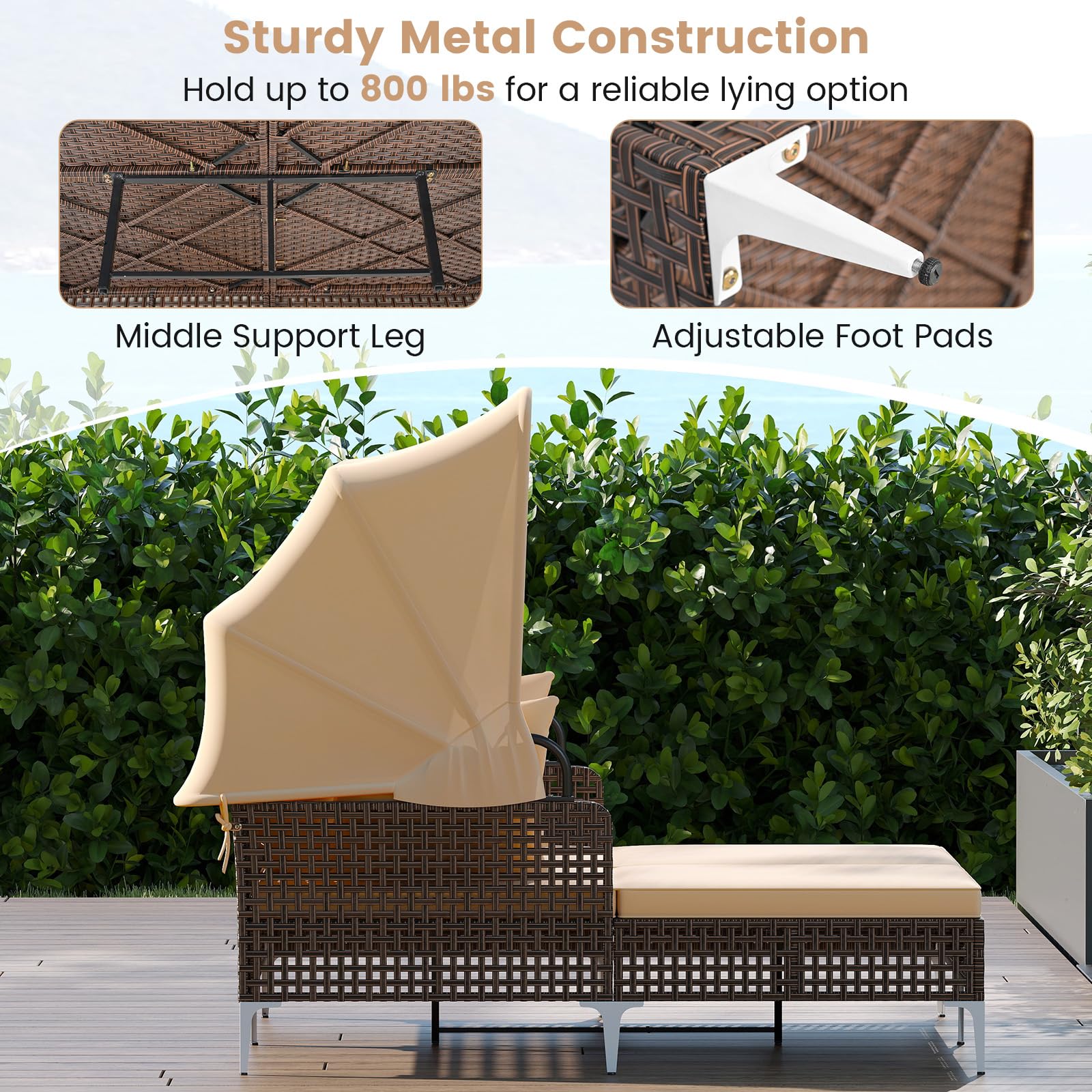 HAPPYGRILL Outdoor Daybed with Retractable Canopy, PE Wicker Rattan Patio Double Chaise Lounger with Cushions, Outside Sunbed Furniture for Garden, Poolside and Backyard (Beige)