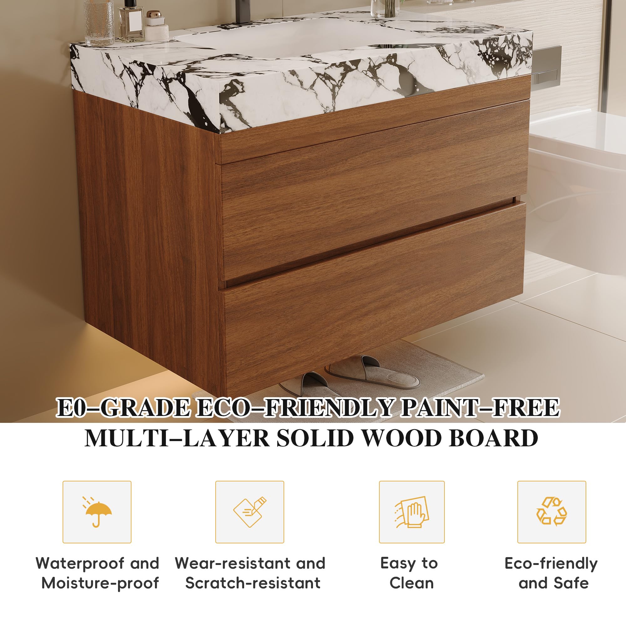 KEIKI 29.9" Bathroom Vanity with Undermount Sink Combo, Modern Floating Vanity Cabinet with 2 Drawers & Open Side Shelves, Storage Wall Mounted Cabinet for Small Space, Walnut Marbe