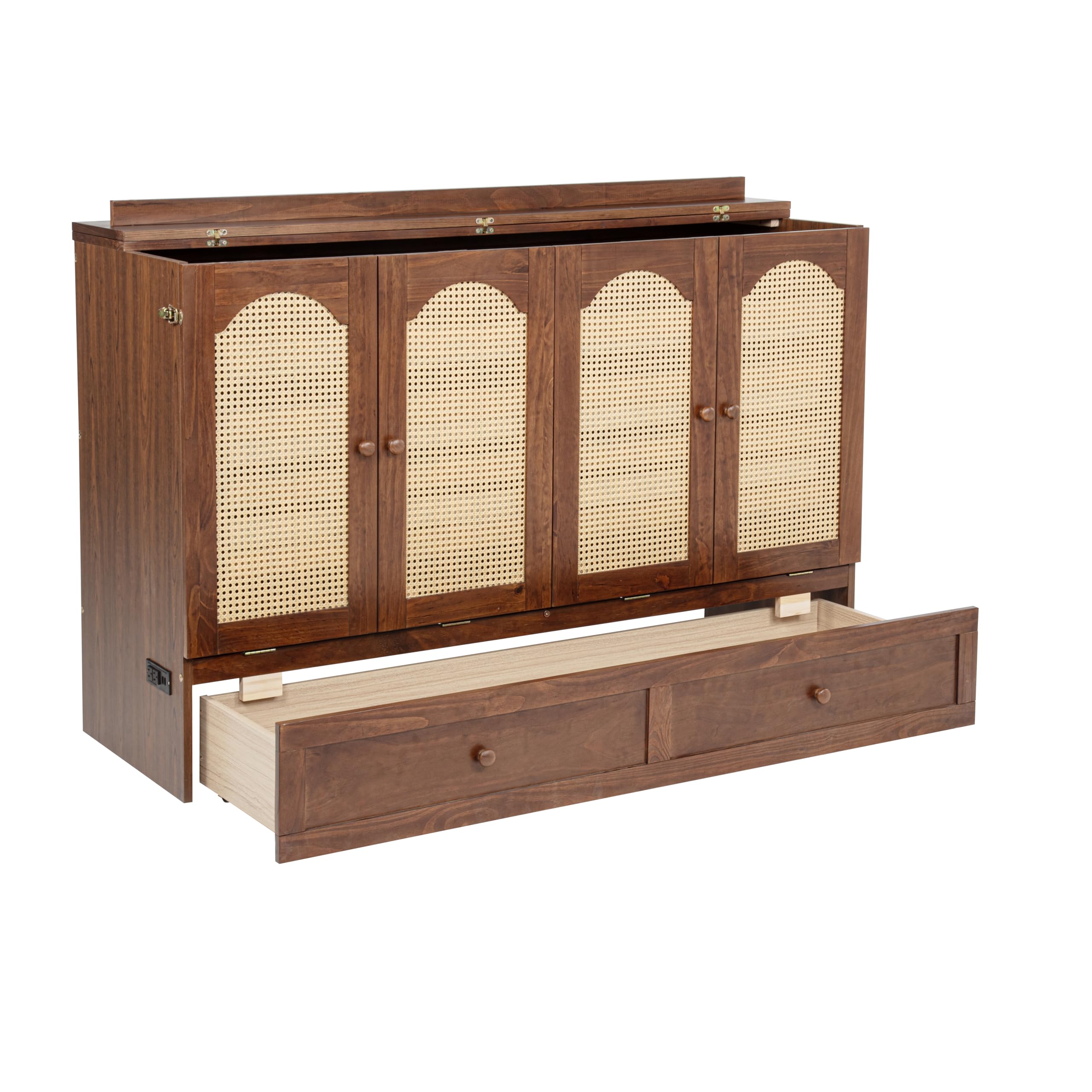 PVWIIK Queen Size Murphy Bed Cabinet with Power Station & Large Drawer for Bedroom,Pine Wood Folding Chest Bed with Rattan Panel, Space-Saving Wall Bed, Walnut
