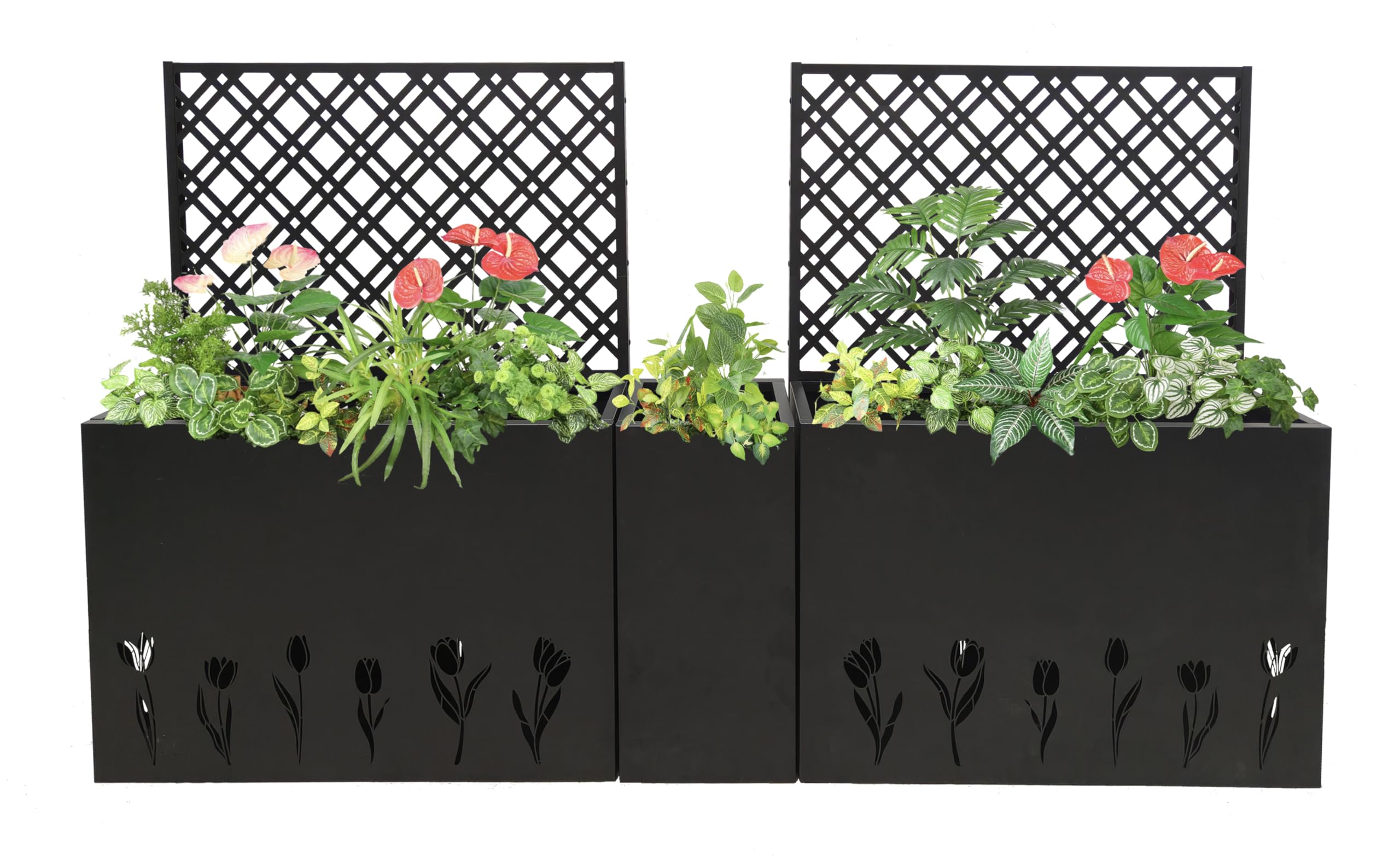 Sailret 3-Piece Metal Planter Box with Trellis, Raised Garden Bed Set with 2 Large & 1 Small Planters, Outdoor Privacy Planter for Patio Garden, Black