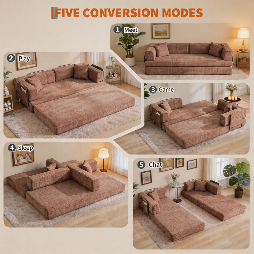 5-in-1 Convertible Sofa Bed Sleeper, 79" Corduroy Floor Couch with 4 Pillows, Boneless Deep Seat Futon Mattress, No Assembly, Modern Lounge Sofa for Living Room, Apartment, Small Spaces, Dark Gray