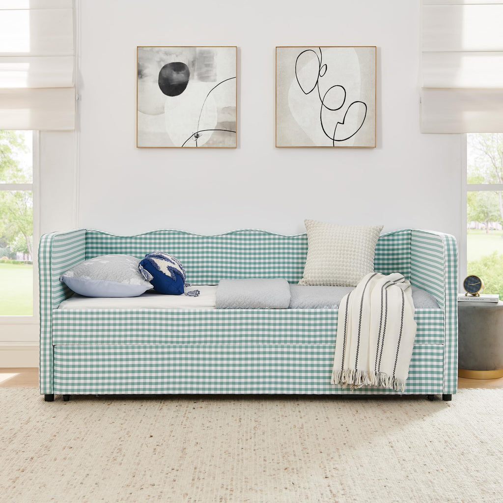 KEIKI Twin Size Upholstered Gingham Daybed with Trundle, Twin to King Design Adorable Wave Shaped Extendable Sofa Bed, Easy Assembly, No Box Spring Required, for Living Room & Bedroom, Cyan
