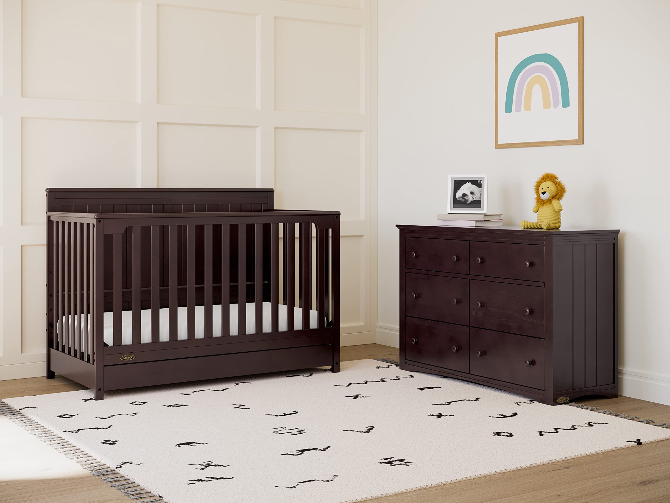 Graco Hadley 5-in-1 Convertible Crib with Drawer – GREENGUARD Gold Certified, Fits Standard Crib Mattress, Converts to Toddler Bed, Daybed and Full Bed, 4 Adjustable Mattress Heights (Espresso)