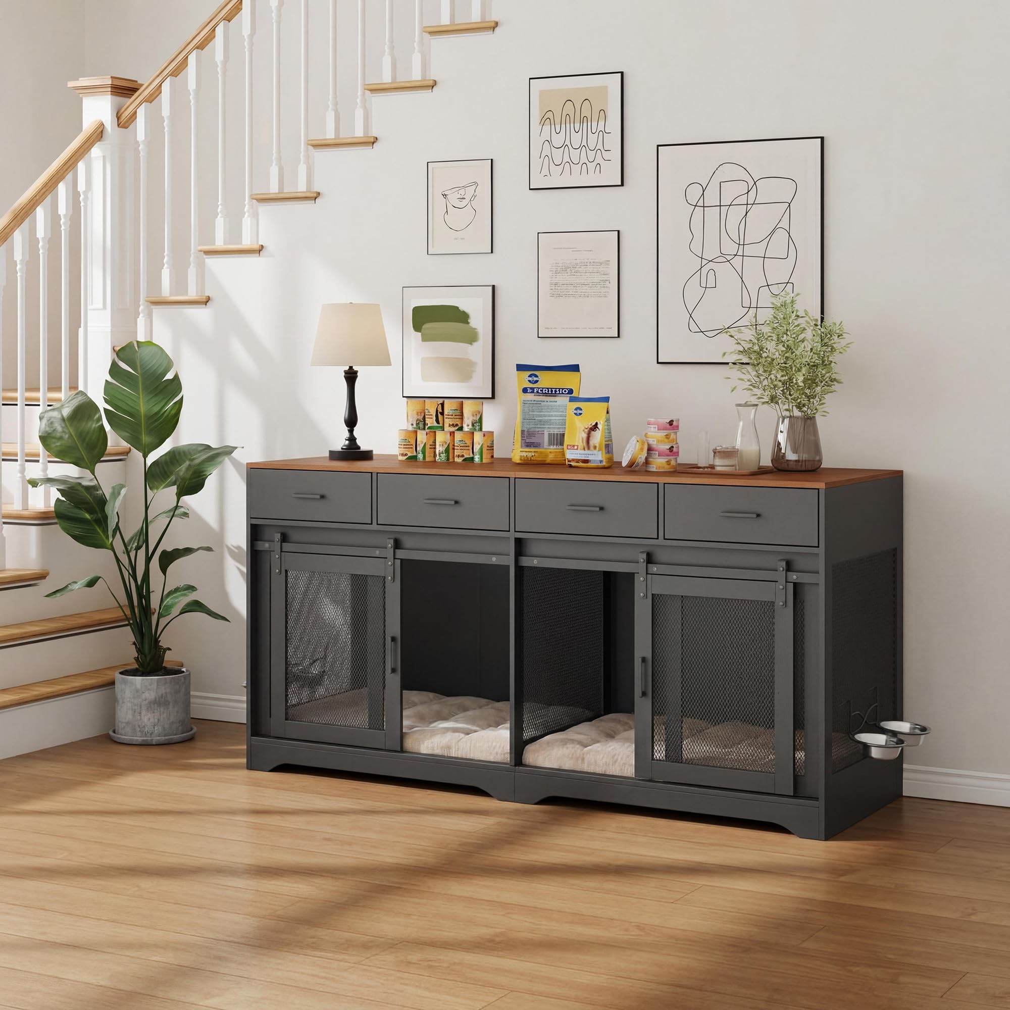 Garvee Double Dog Crate Furniture, 71'' Large Dog Crate Furniture for 2 Dogs with 4 Sliding Doors and 4 Drawers, Dog Kennel Furniture for Large Dogs Indoor with Feeding Bowls, Black