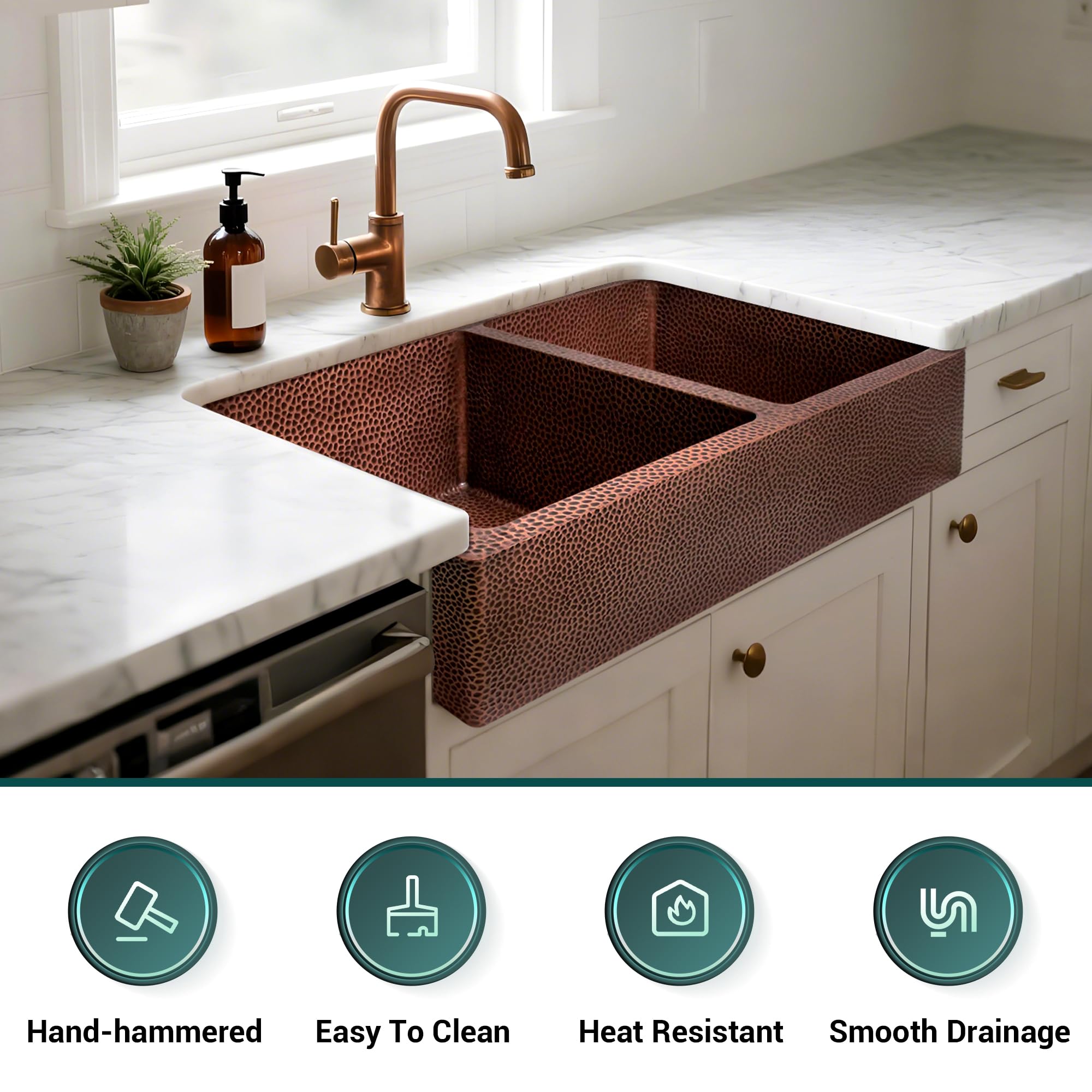CT Copper Tailor 33" Copper Farmhouse Kitchen Sink 16 Gauge Thick, Hand-hammered Antique Copper 50/50 Double Bowl Sink,Strainer Included