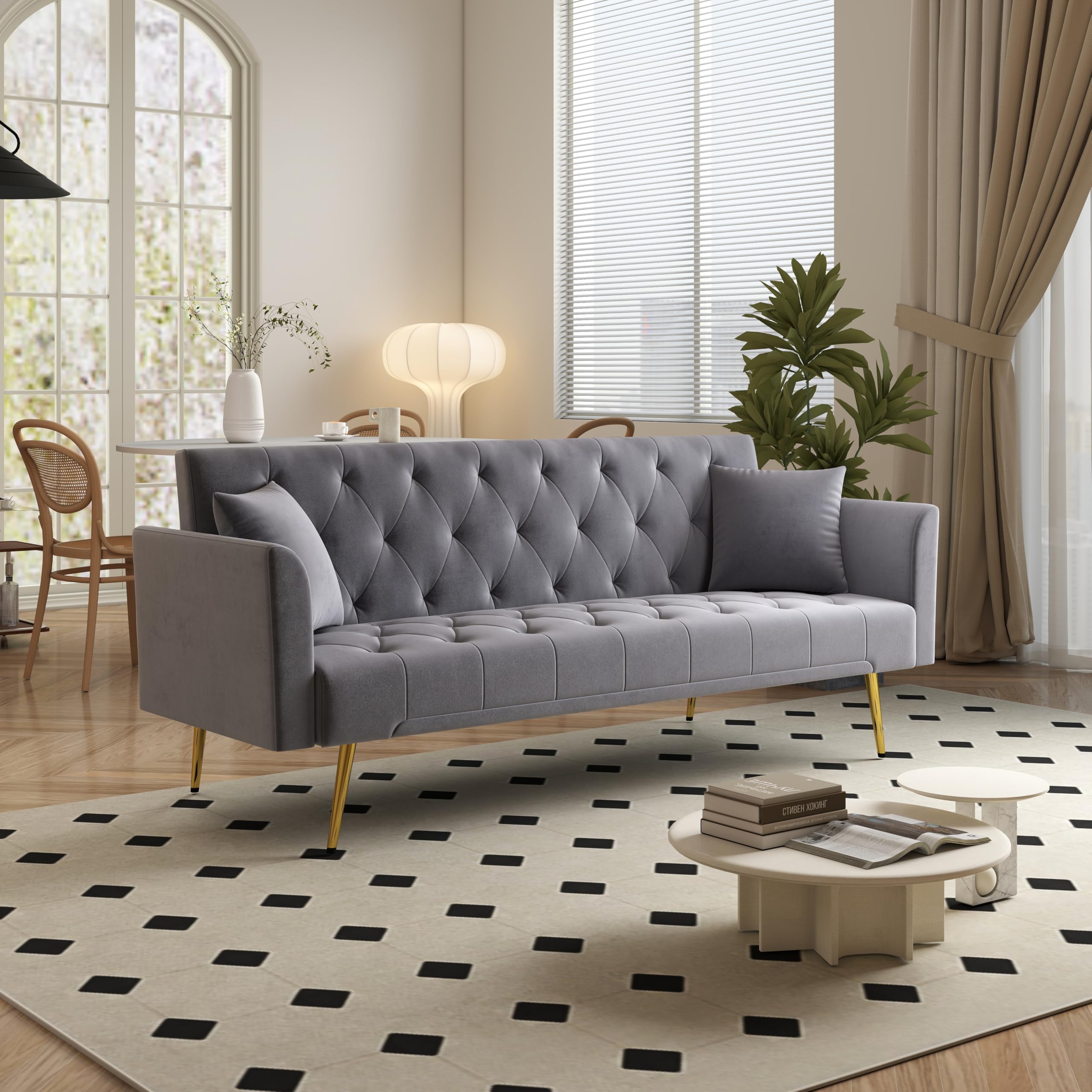KEIKI 72" Futon Sofa Bed, 2-in-1 Loveseat, Velvet Upholstered Couches for Living Room, Sofa Sleeper for Small Space, Comfy Rest Folding Bed, Modern Apartment Essentials for Bedroom, Gray