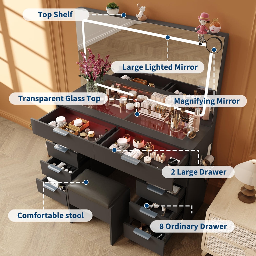 IDEALHOUSE Large Vanity Desk with Mirror, Clear Glass Top, Stool, LED Lights and Power Outlet, 45'' Width Makeup Vanity Table Set with 10 Drawers for Bedroom Dressing Room