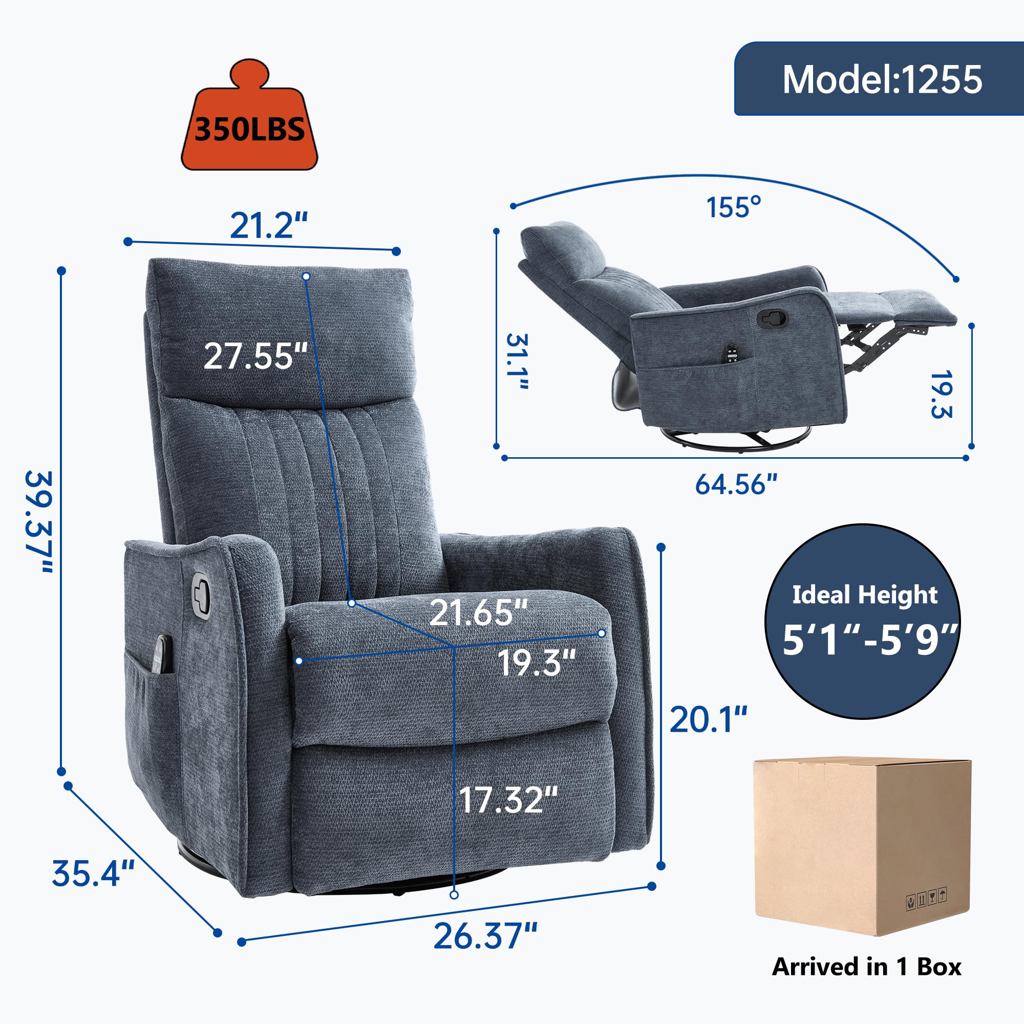 KEIKI 4-in-1 Manual Swivel Rocker Recliner Chair for Living Room, Chenille Nursery Glider Rocking Chairs with Back Massager & Heat, Ideal for Daily Nap in Living Room Quiet Corner, Blue