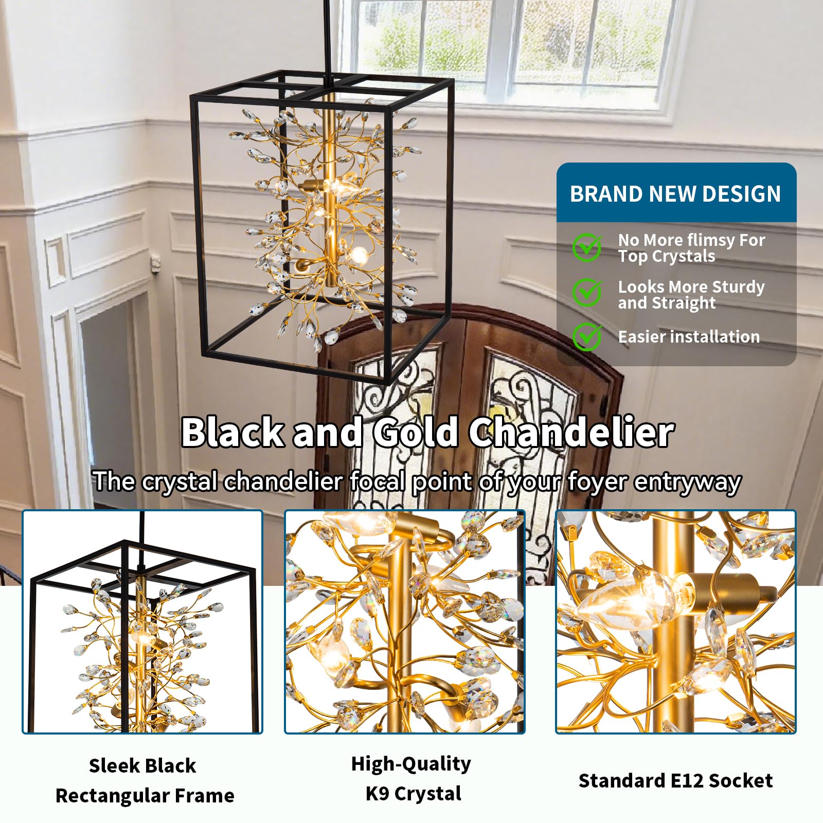 Vezzio Black and Gold Crystal Chandelier, 4-Light Modern Farmhouse Foyer Pendant Light for Entryway, Dining Room, Kitchen Island, Staircase, Hallway, H21 Inch