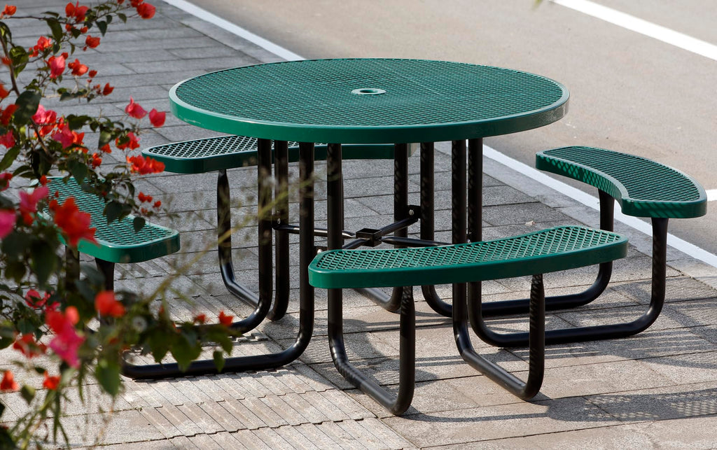 Sunnibety 8-Person Picnic Tables for Outdoors, Industrial 46" Expanded Metal Round Picnic Table with 4 Benches & Umbrella Hole, Outside Table and Bench Set for Park, Garden, Backyard, Patio, Green