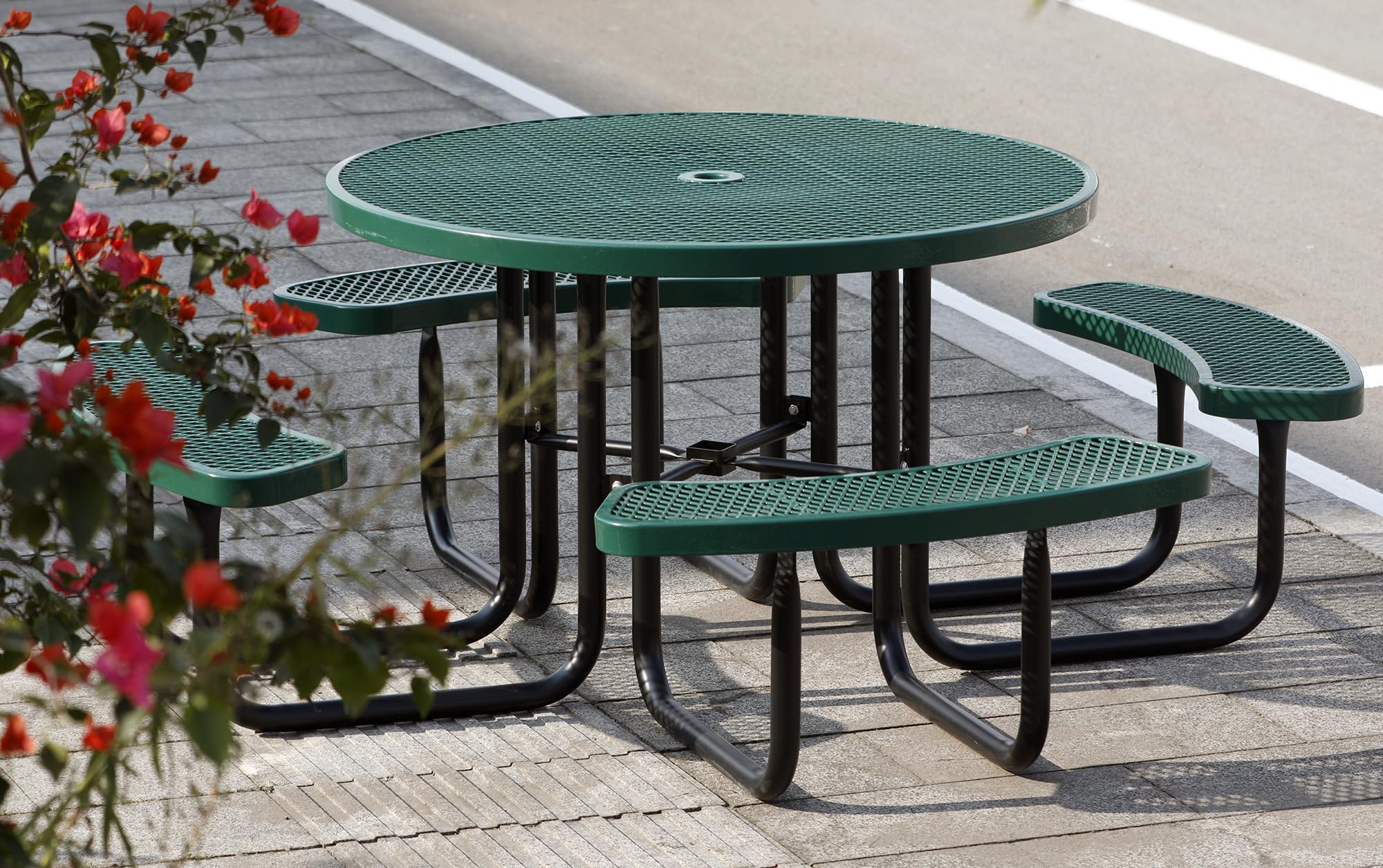 Sunnibety 8-Person Picnic Tables for Outdoors, Industrial 46" Expanded Metal Round Picnic Table with 4 Benches & Umbrella Hole, Outside Table and Bench Set for Park, Garden, Backyard, Patio, Green