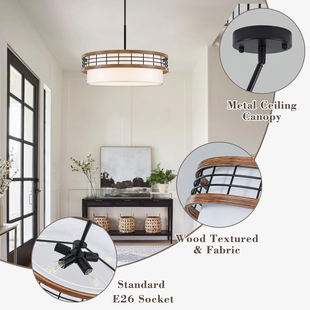 22" Large Drum Chandelier, Black and Wood Texture Pendant Light, 5-Light Farmhouse Kitchen Chandelier for Dining Room Foyer Entryway Bedroom