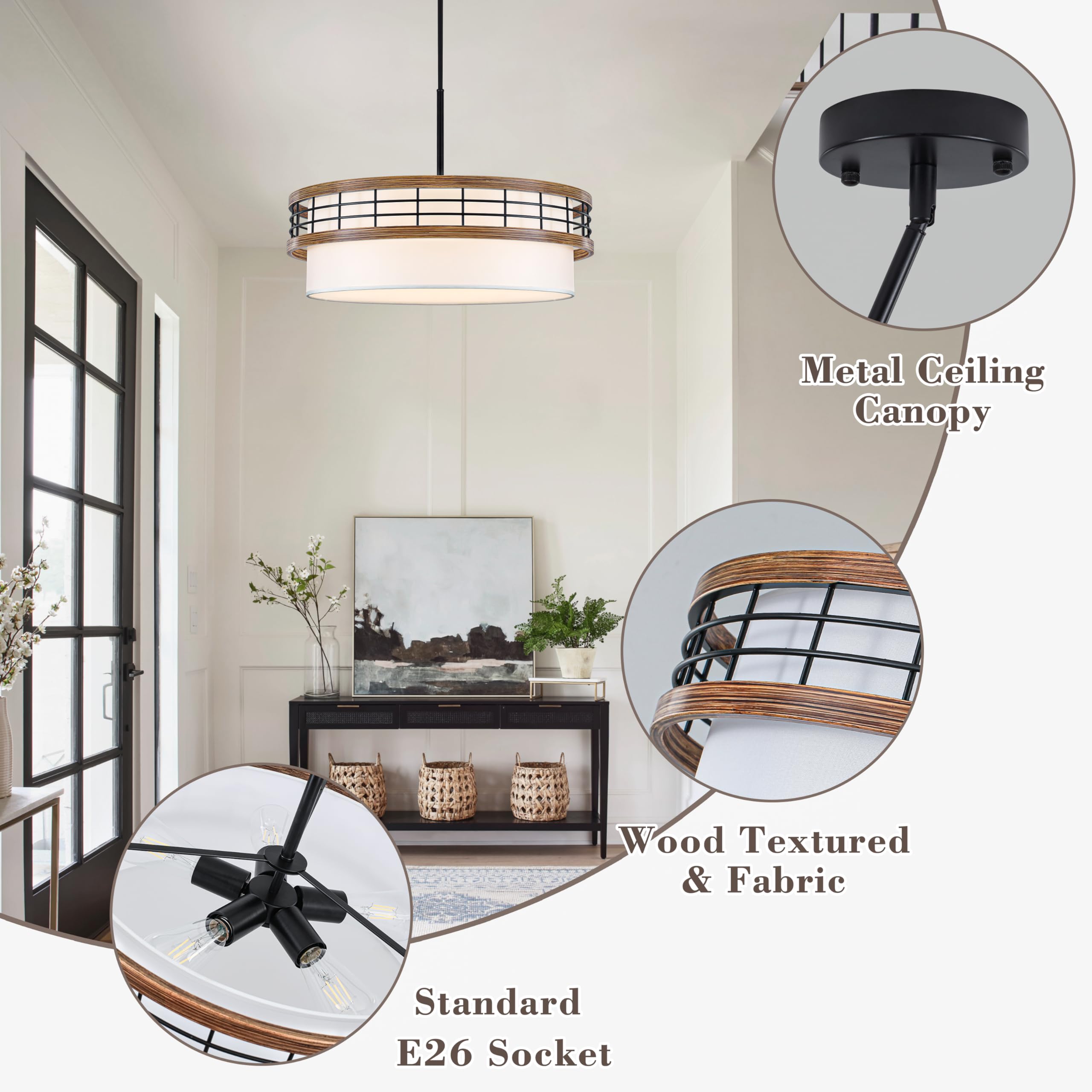 22" Large Drum Chandelier, Black and Wood Texture Pendant Light, 5-Light Farmhouse Kitchen Chandelier for Dining Room Foyer Entryway Bedroom