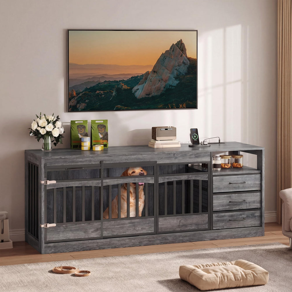 Homiflex 68.9" Large Dog Crate Furniture with 3 Storage Drawers Farmhouse Dog Kennel TV Stand Indoor for Large Medium Dogs Decorative Dog Cage with Sliding Barn Door & Power Outlet Grey
