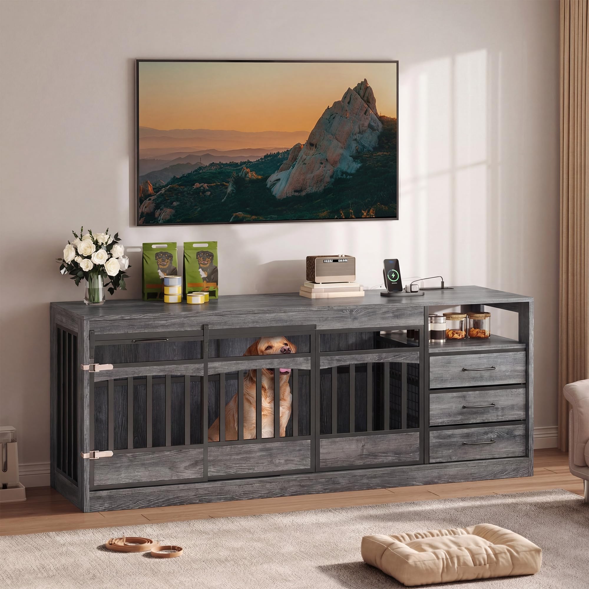 Homiflex 68.9" Large Dog Crate Furniture with 3 Storage Drawers Farmhouse Dog Kennel TV Stand Indoor for Large Medium Dogs Decorative Dog Cage with Sliding Barn Door & Power Outlet Grey