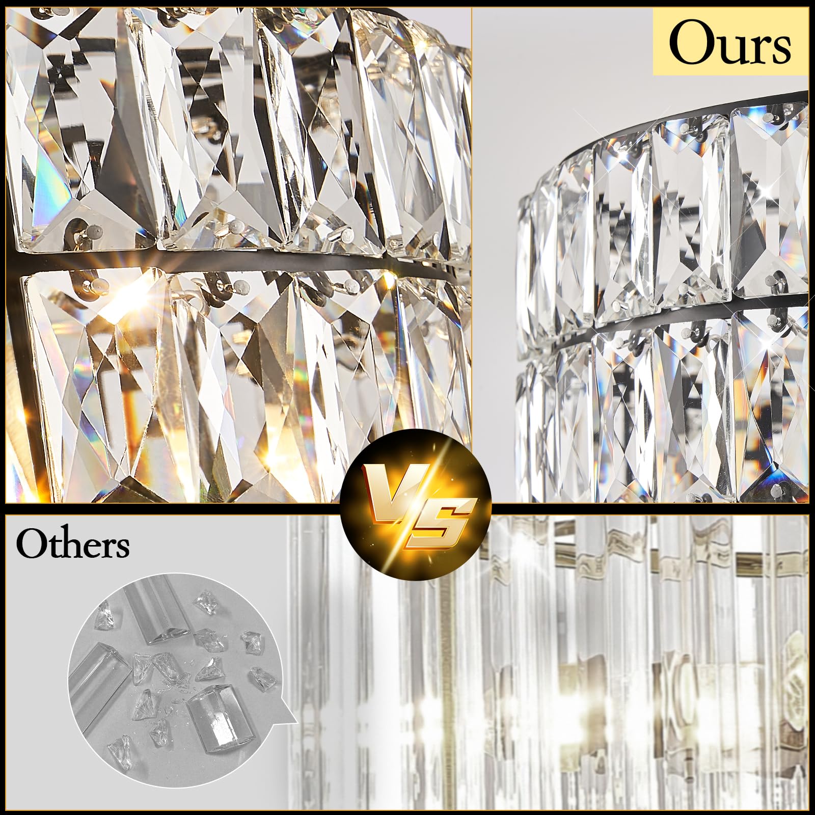 CATINER 24'' Black Crystal Chandeliers Luxury 8-Lights Pendant Chandelier Drum Semi Flush Mount Ceiling Lights for Living Room Dining Room Foyer Bedroom Kitchen