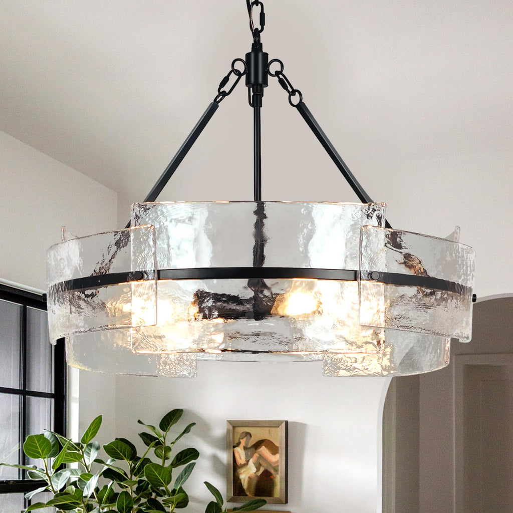 Water Textured Black Glass Drum Chandelier,Glass Chandeliers for Dining Room 20.8" Round Chandelier Dining Room Light Fixtures Over Table Modern Farmhouse Glass Pendant Light for Living Room Foyer