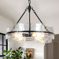 Water Textured Black Glass Drum Chandelier,Glass Chandeliers for Dining Room 20.8" Round Chandelier Dining Room Light Fixtures Over Table Modern Farmhouse Glass Pendant Light for Living Room Foyer