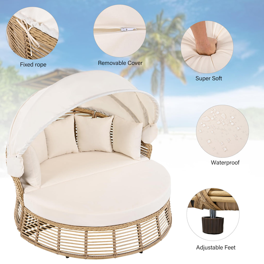 Merax Outdoor Chaise Lounge Daybed for Outside Patio Furniture Wicker with Retractable Canopy Recliner Yellow Rattan Sunbathing Lounger Sofa Sunbed Pool Reclining Sunbed, Khaki Cushion