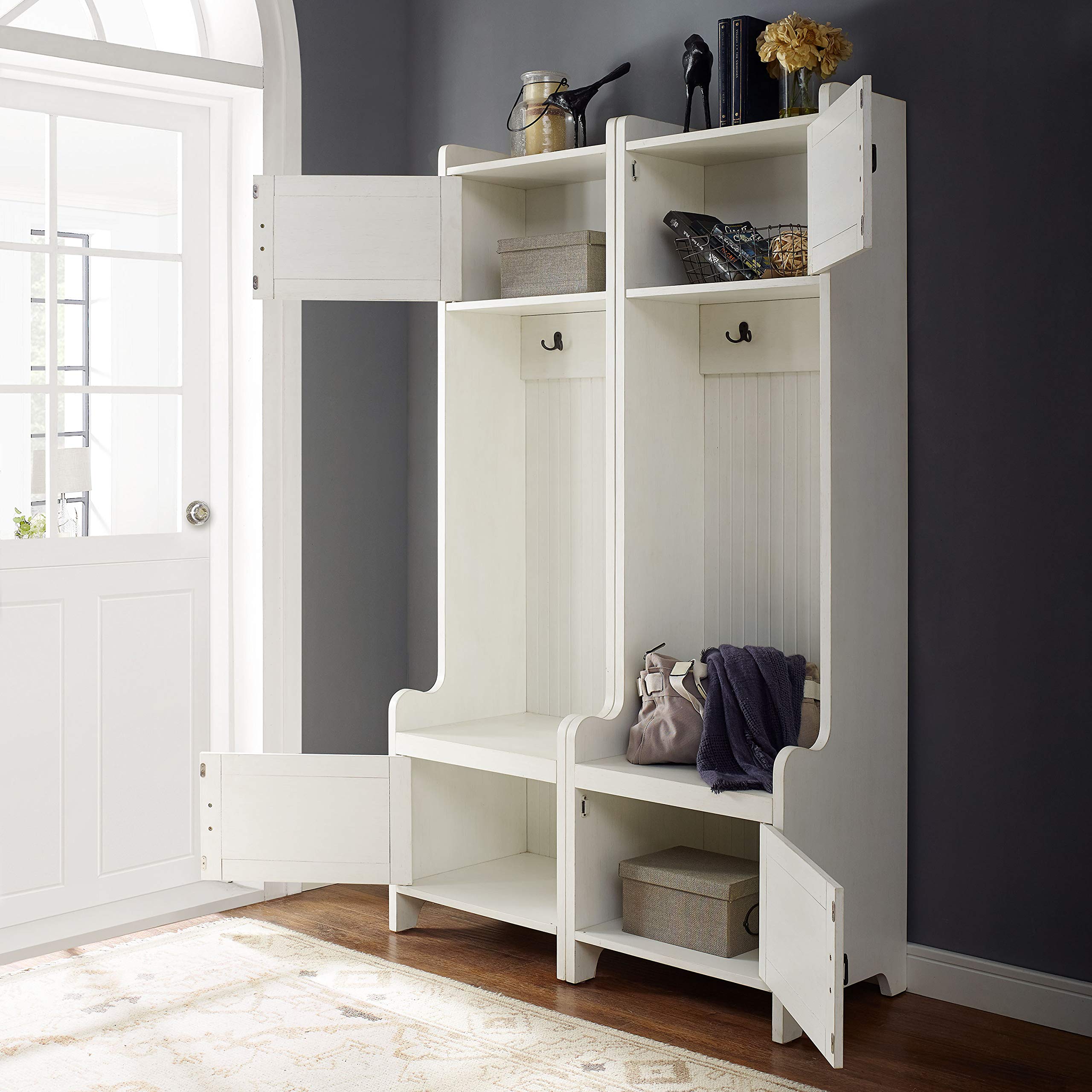 Crosley Furniture Fremont 2-Piece Hall Tree Entryway Set with Storage Cabinets and Coat Rack Hooks, Distressed White