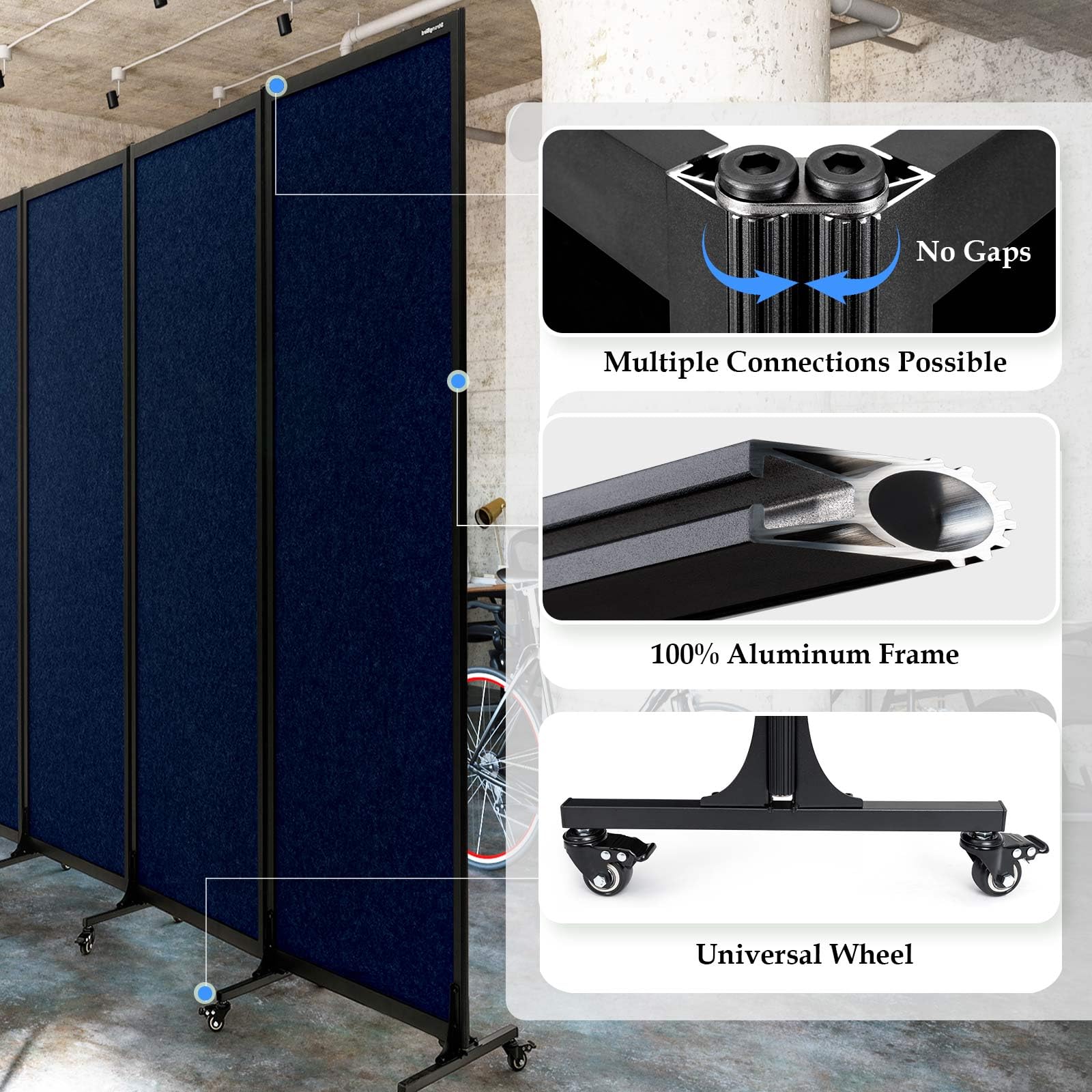 Upgrade Version Room Partition and Divider, Freestanding Rolling Dividers with Wheels,Office Privacy Screen Divider Wall,Classroom Felt Dividers,8'2"L* 6'7"H,4 Panel，Blue