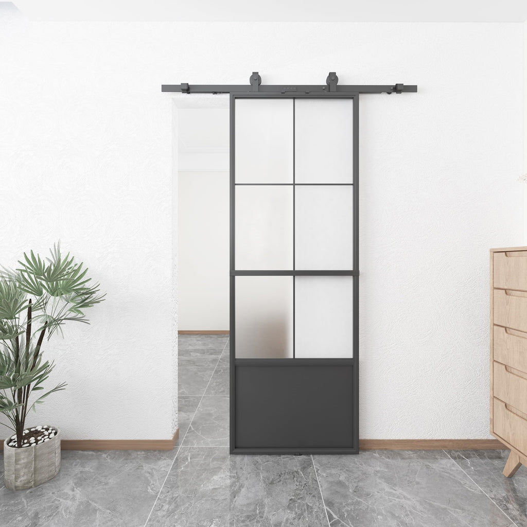 JUBEST 32in x 84in Glass Barn Door, Frosted Tempered Glass Carbon Steel Pre Drilled Frame Sliding Barn Door Panel with 5.5FT Hardware Kit and Soft Close Mechanism