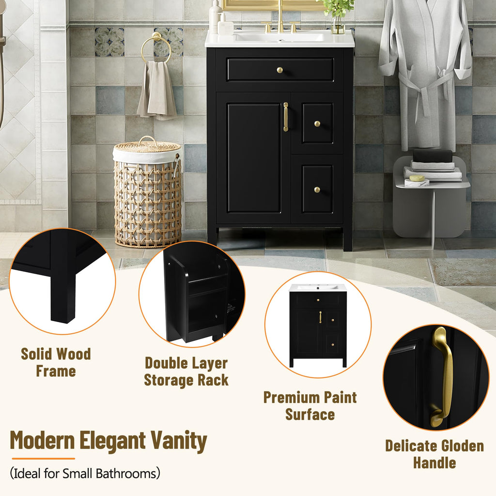 Favfurish 24" Bathroom Vanity with Ceramic Sink,Free Standing Single Basin Vanity w/Soft Close Door and Soft Closing Drawers,Wooden Bath Cabinet with Double Storage Racks on The Door,Black