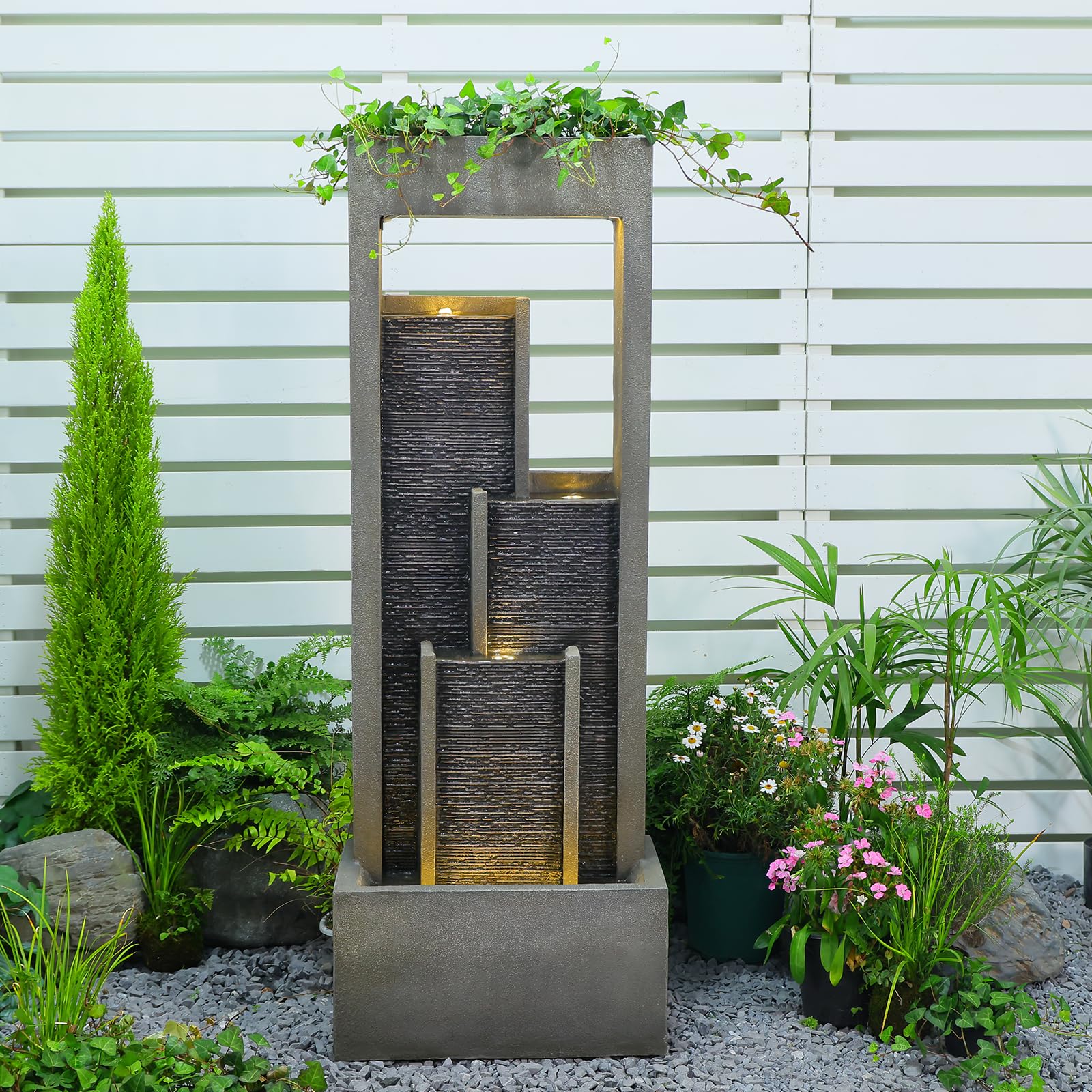 Takamota Indoor Waterfall Fountain, 52" Modern Tiered Indoor Water Feature with LED Lights, Resin Freestanding Garden Water Fountain for Patio, Room Decor Backyard Waterfall Feature, Gray Stone Look