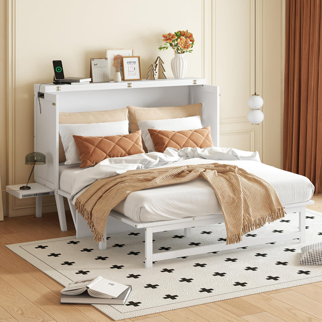 Queen Size Murphy Bed Cabinet with Charging Station,Mobile Cabinet Bed Murphy Chest Bed,Cabinet Bed Queen with Removable Shelves,Space Saving Murphy Bed for Bedroom,Guest Room,Office,White