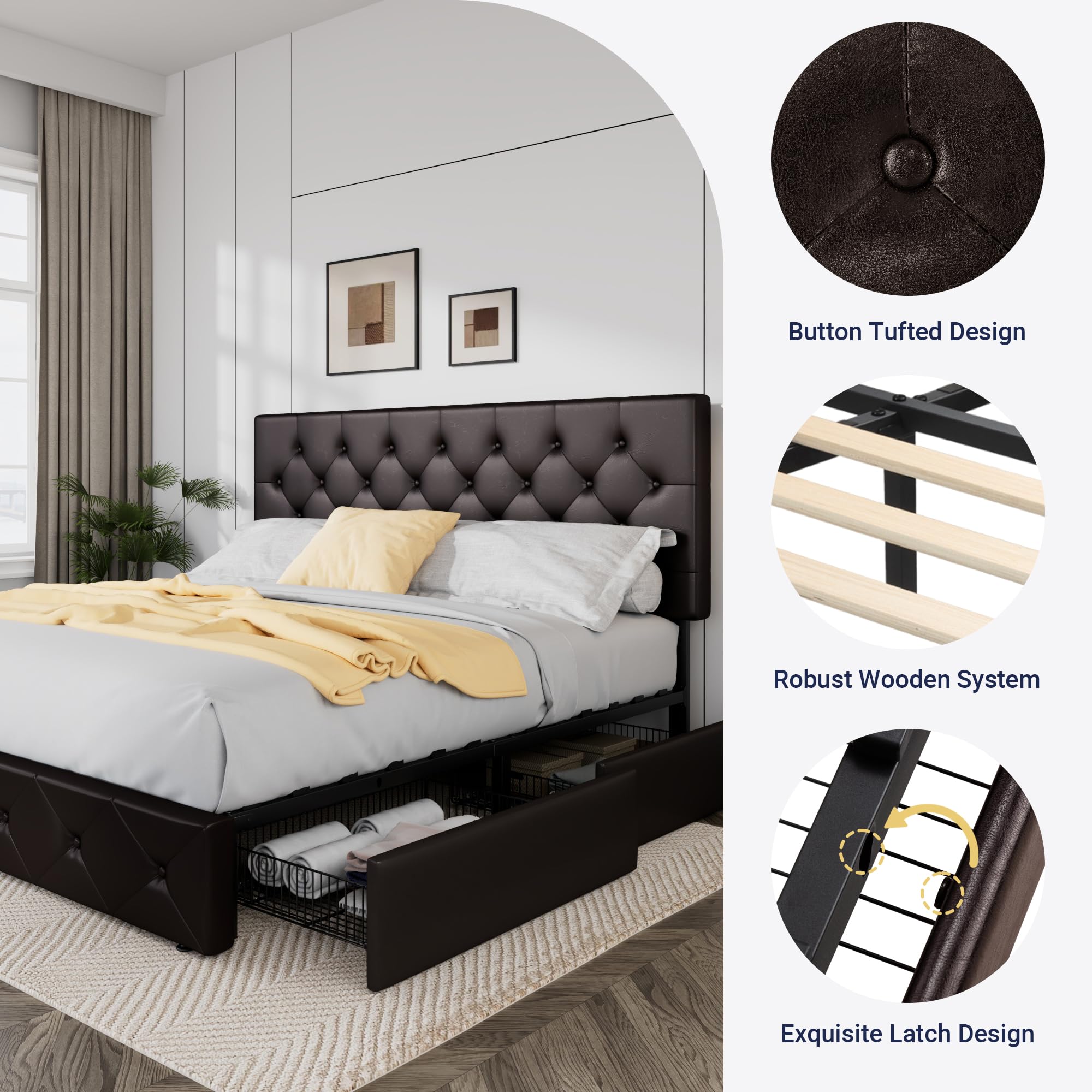 Allewie Upholstered King Size Platform Bed Frame with 4 Storage Drawers and Headboard, Diamond Stitched Button Tufted, Mattress Foundation with Wooden Slats Support, Black Brown