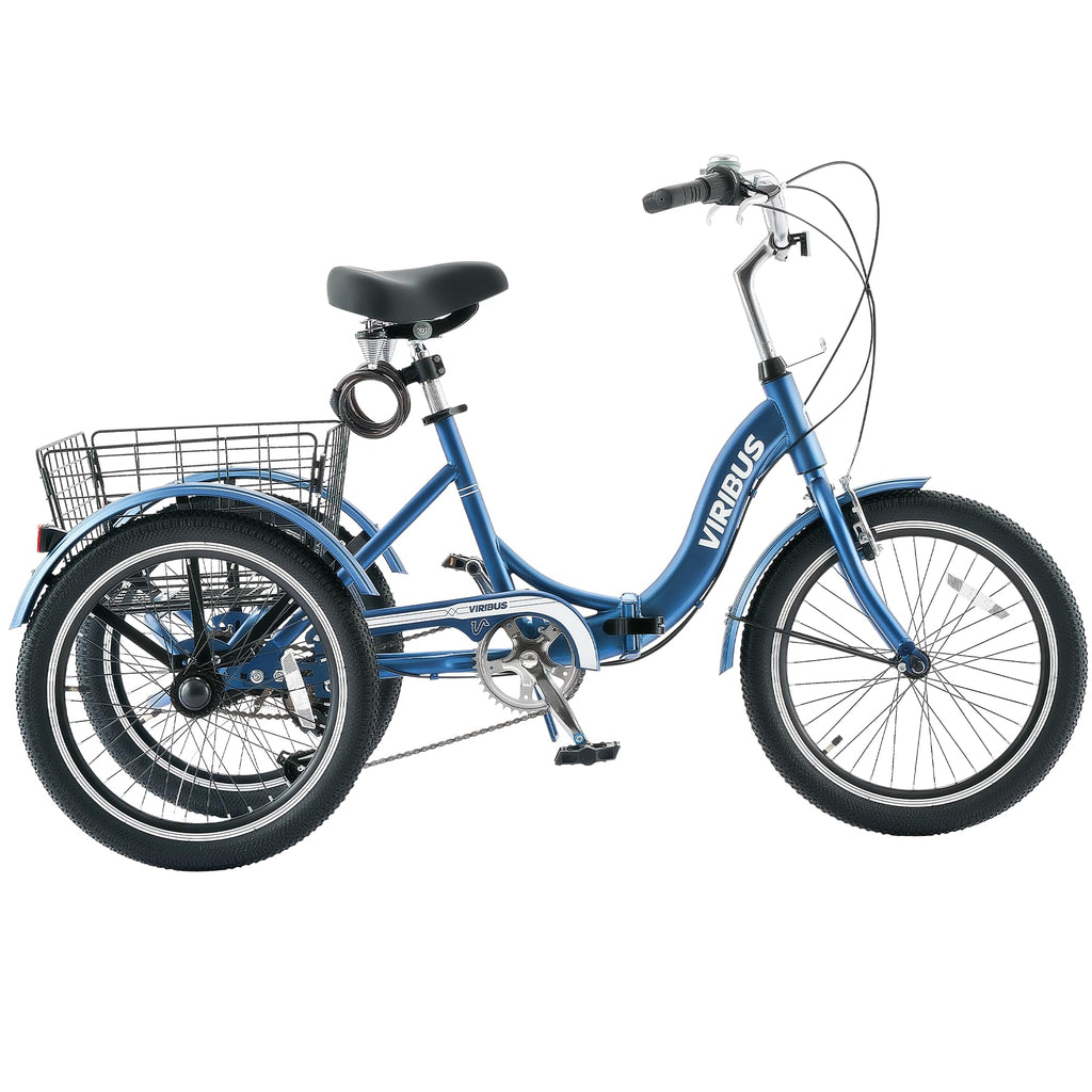 VIRIBUS Folding Tricycle for Adults, 20 inch 7 Speed Foldable Adult Tricycle for Men Seniors with Dual Chain, Folding 3 Wheel Bike with Lock, Collapsible Three Wheel Bicycle 330lb. Blue