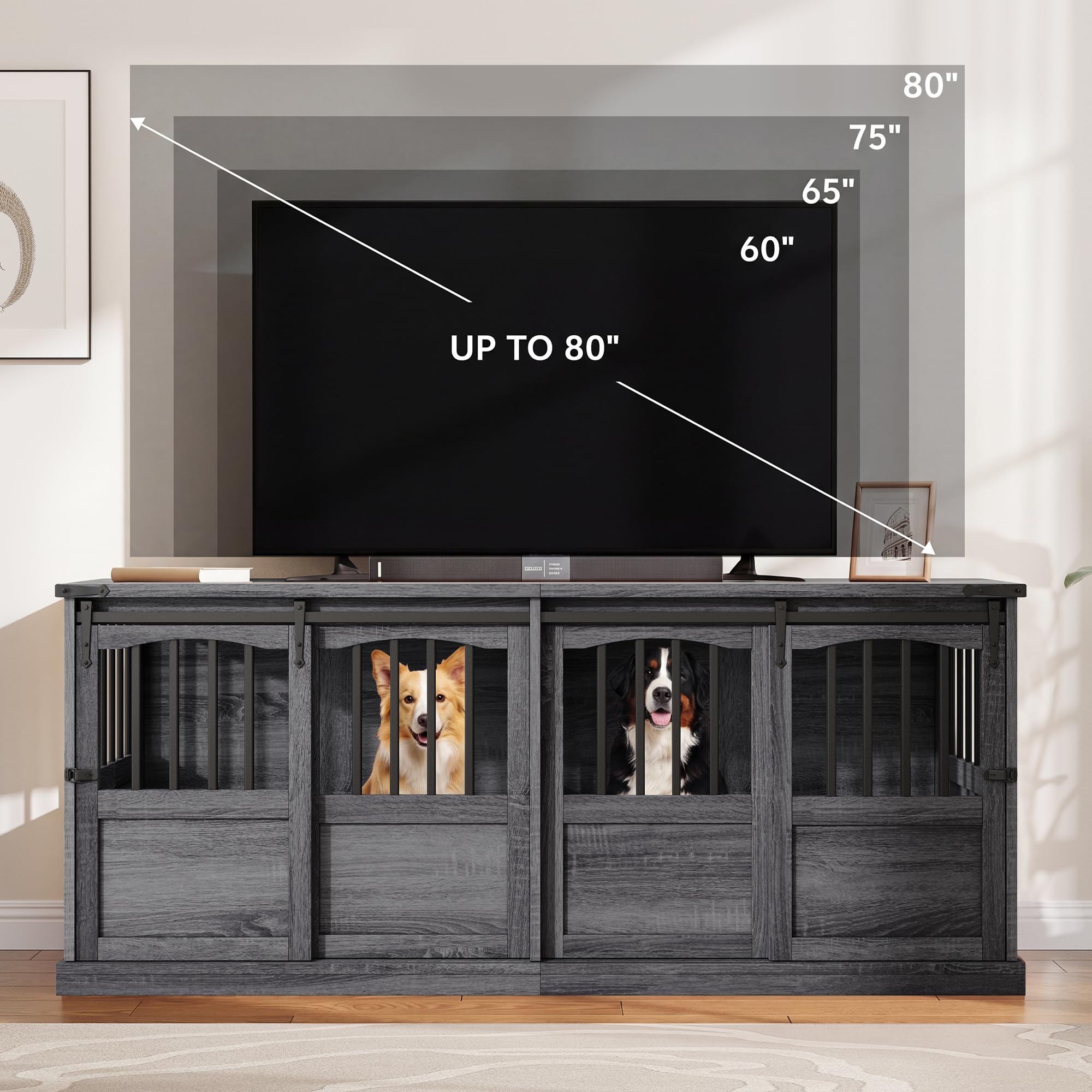 Homiflex 72" Double Dog Crate Furniture for 2 Medium Large Dogs Wooden Heavy Duty Dog Kennel Furniture with 2 Sliding Doors and Divider Decorative Dog Cage TV Stand End Table for Indoor, Grey